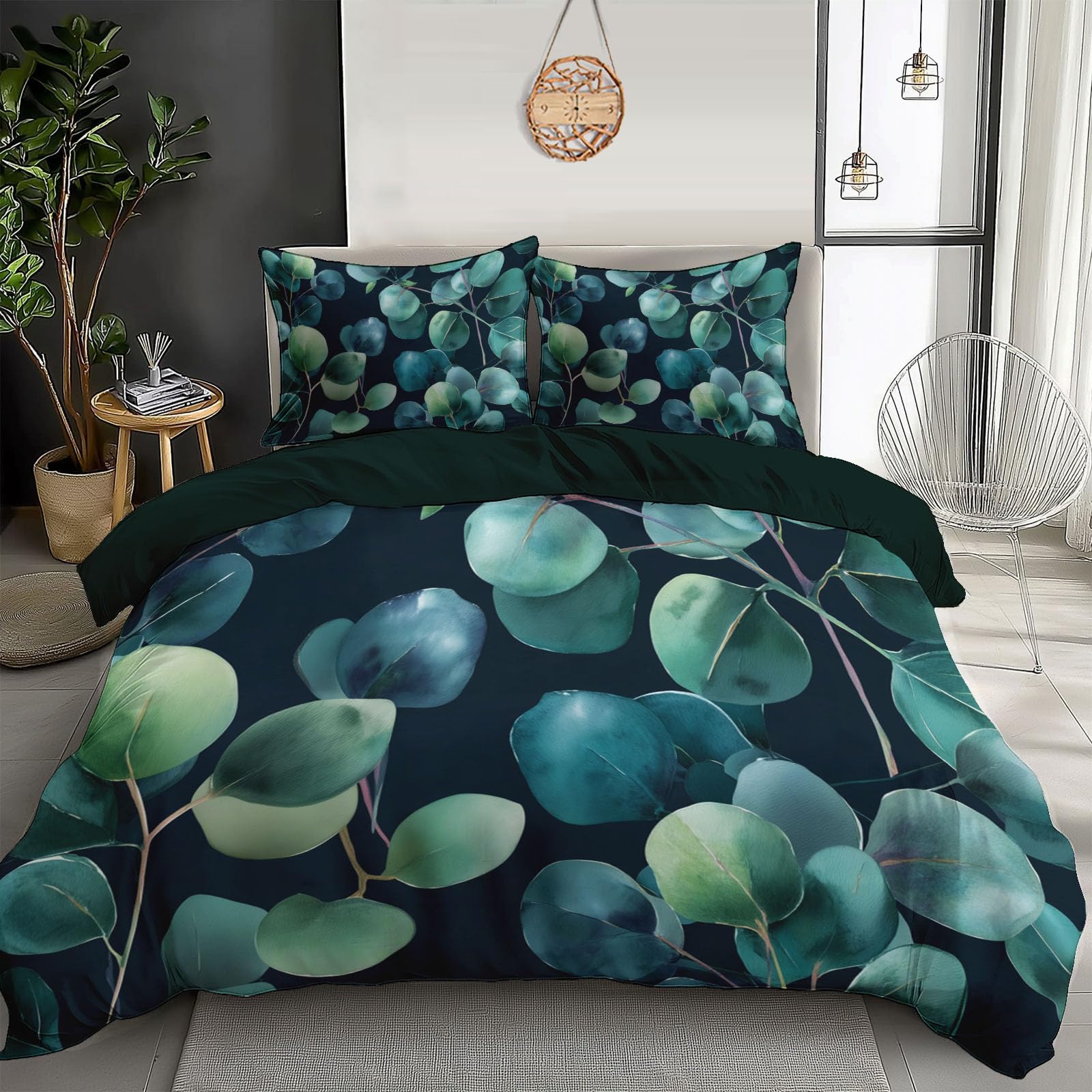 Housse de couette 240x260cm avec ses deux taies d'oreiller en microfibre motif eucalyptus