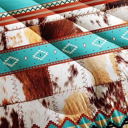 Miniatura 3 de AILONEN Juego de edredón con textura de pelo de vaca blanco y marrón, tamaño Queen, juego de ropa de cama con patrón geométrico étnico de piel de