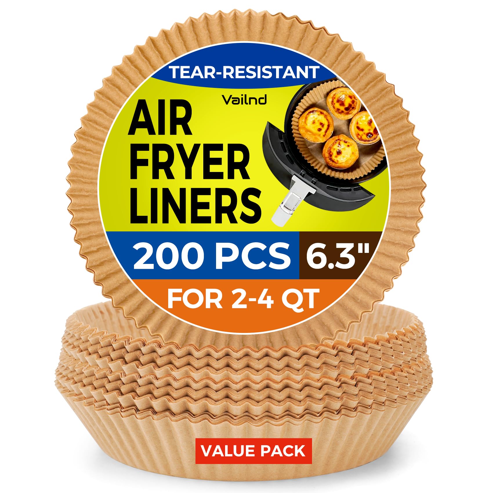 Vailnd 6.3" Round Air Fryer Liners Disposable 200 PCS for Ninja AF101 | Non-Stick, Oil Proof, Unbleached Material, Compatible w/ 2-4 QT Small Round Airfryer Basket