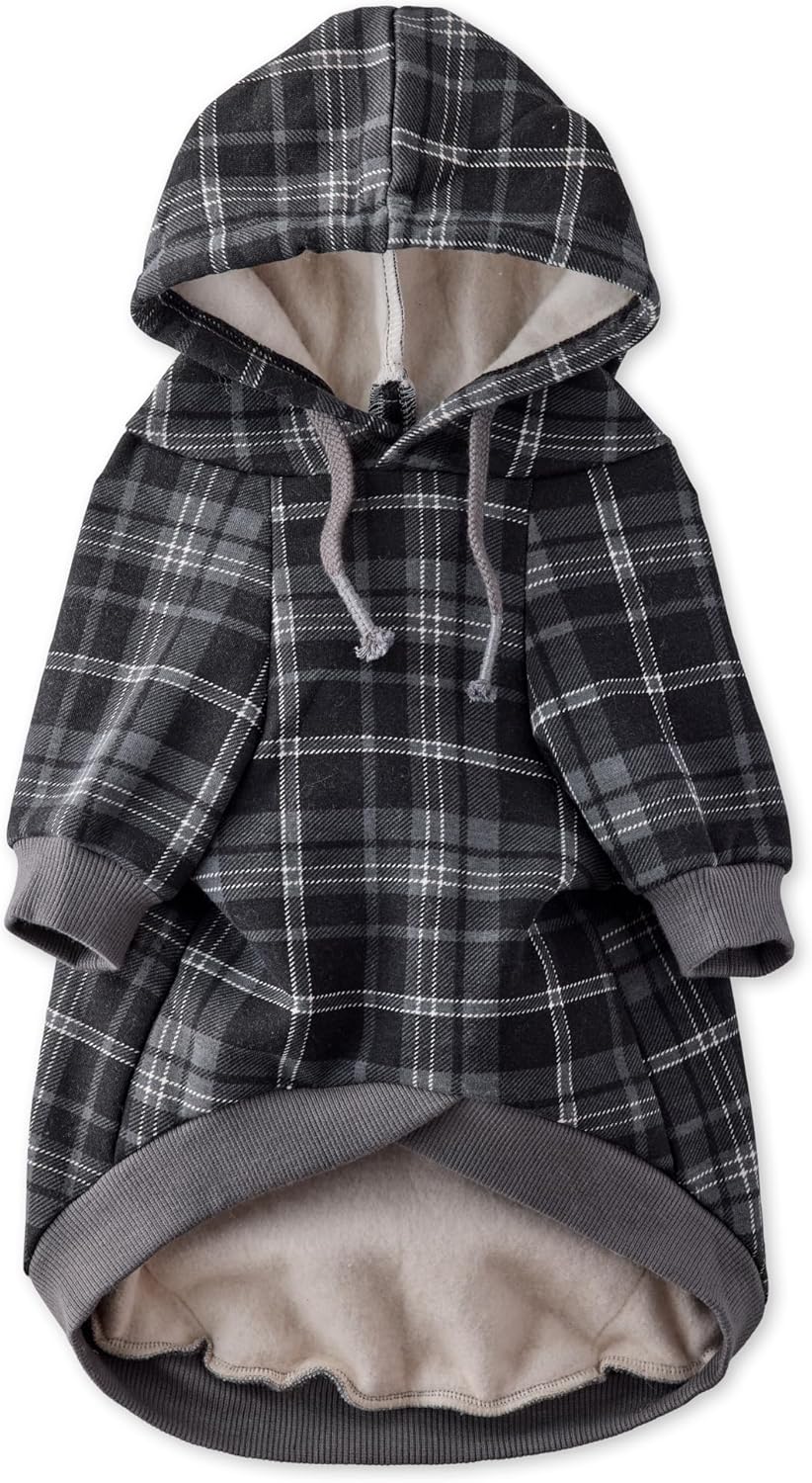 Rocky II - The Extra Comfy Hoodie, Organic Cotton and Recycled Poly Dog Hoodie Pet Coat Sweater for Small, Medium, Large Dogs, Black Sand Plaid, Large