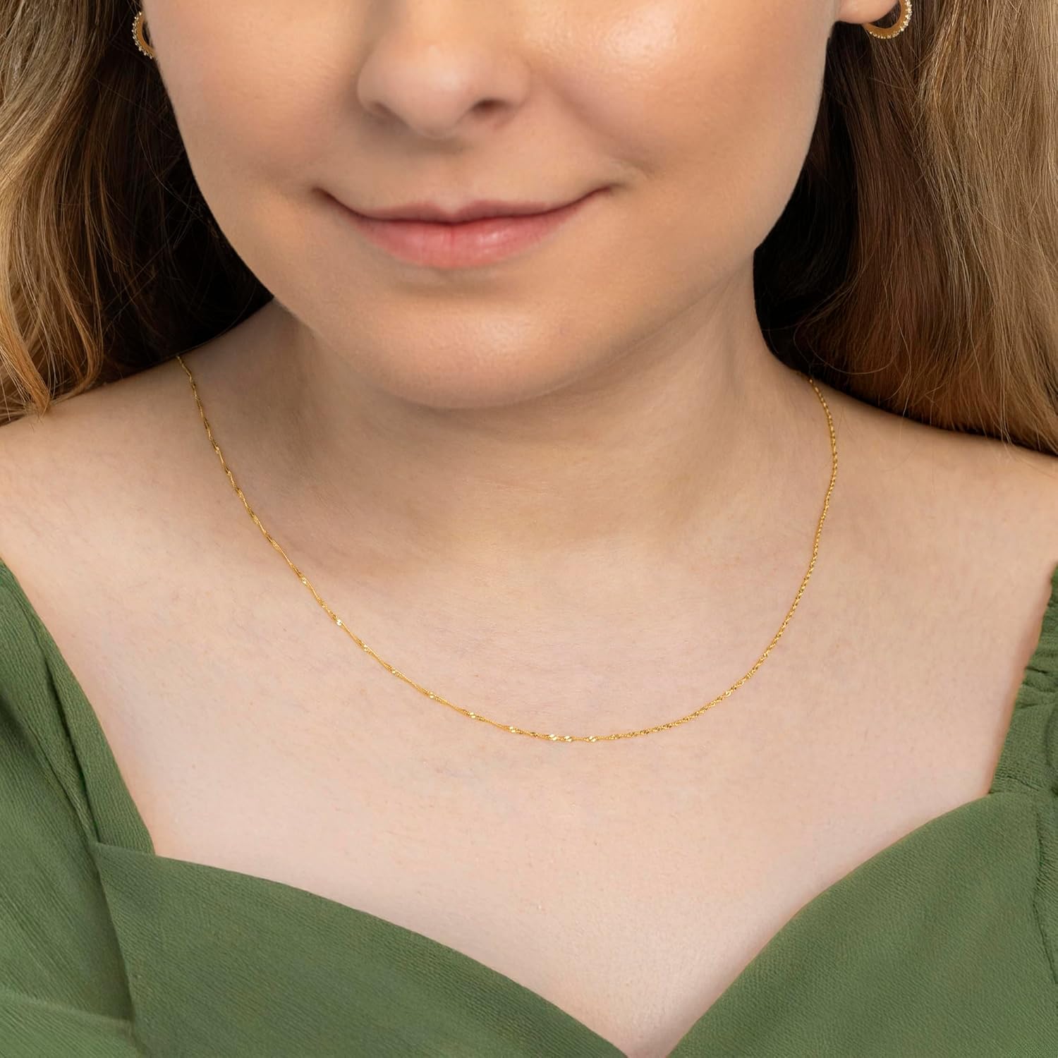 Amberta Real Italian Yellow 14K Gold Necklaces for Women Men | Super Thin Dainty & Sturdy Box Curb Singapore Solid Chain Delicate Choker 16/18/20 inch - Image 2