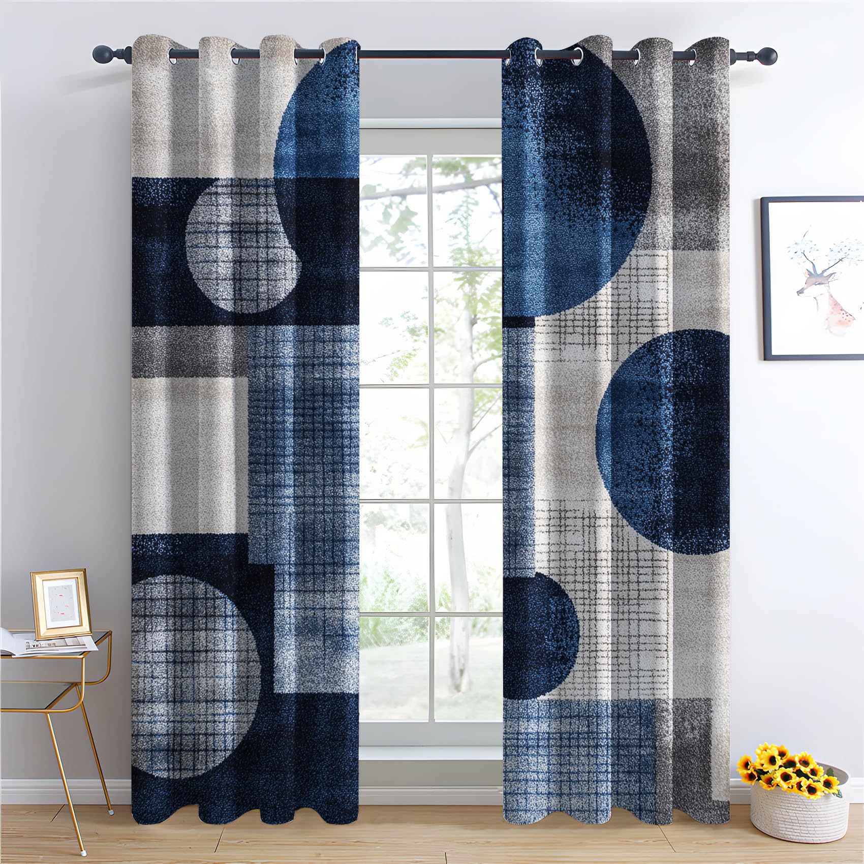 Luxfieo Blue and Grey Blackout Curtains for Living Room Bedroom - 108 Inch Drop Curtains 90x108, Modern Geometric Patterned Window Treatments, Thermal Eyelet Drapes 2 Panels U#90