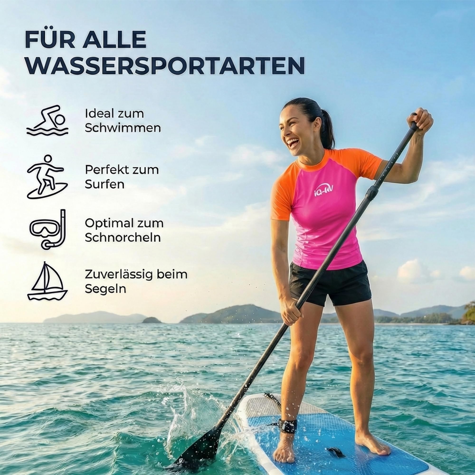 iQ-UV Shirt für Damen Kurzarm Slim-Fit – Rash Guard Schwimmshirt für Damen aus recyceltem Material – UV-Schutz Badeshirt zum Schwimmen, oder Sport – funktionales Surf-Shirt für Frauen