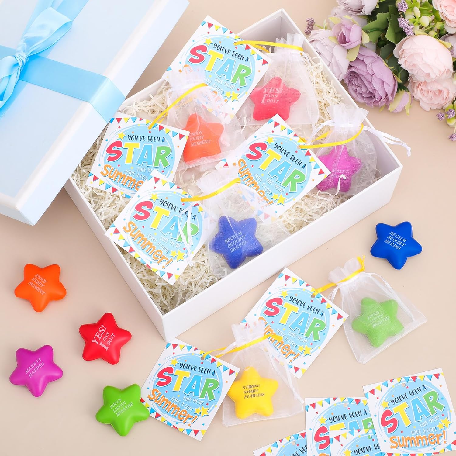 Silkfly 24 Sets End of Year Gifts for Students Star Stress Ball from Teacher for Kisd Motivational Quotes Foam Stress Balls with Cards for Anxiety Fidget Party Favors Supply Prizes Gift