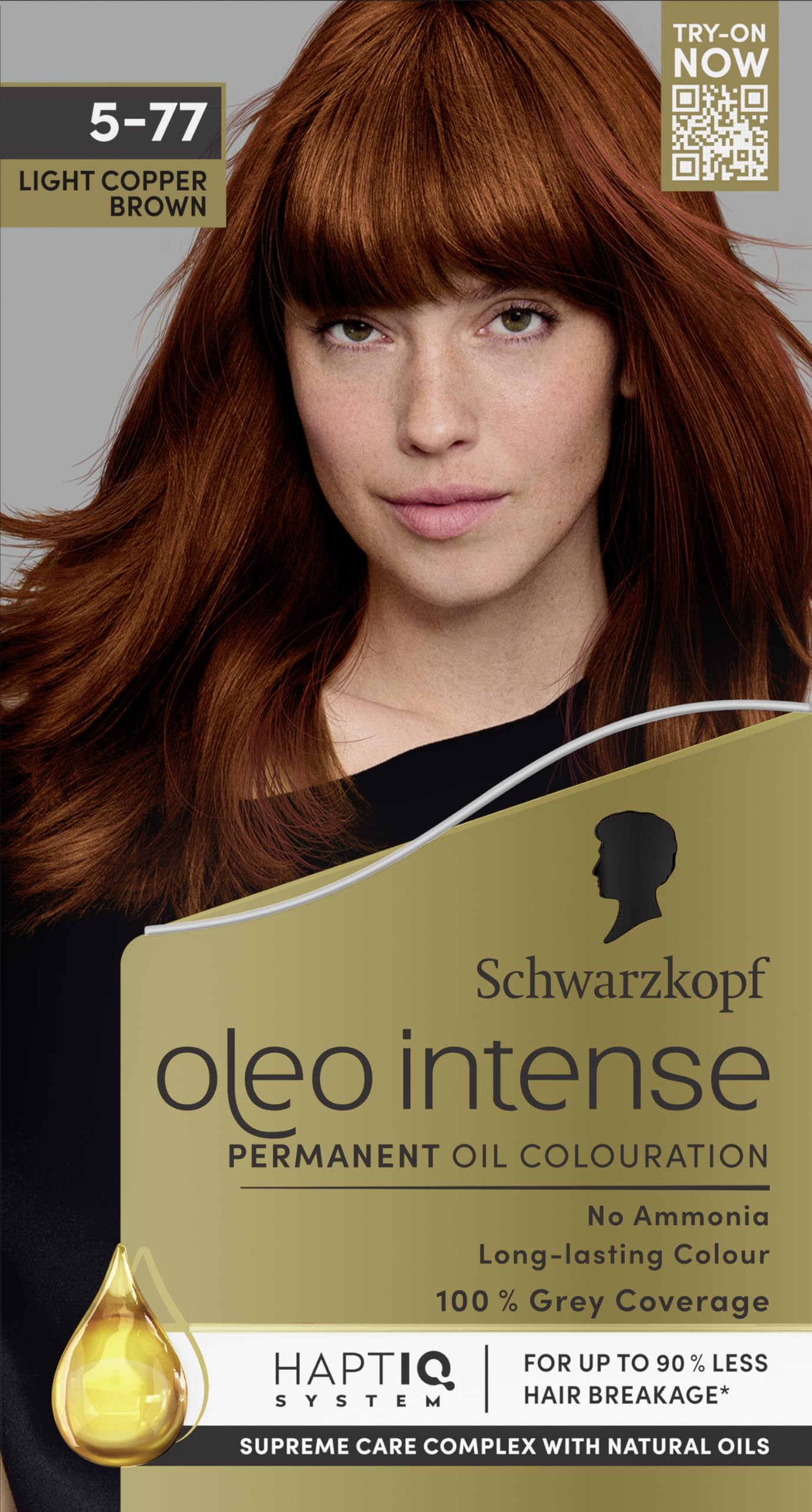 Schwarzkopf Oleo Intense Permanent Oil Colour 5-77 Light Copper Brown Hair Dye, 100% Grey Coverage, Conditioner with HaptIQ System, Long-Lasting Colour, Ammonia Free