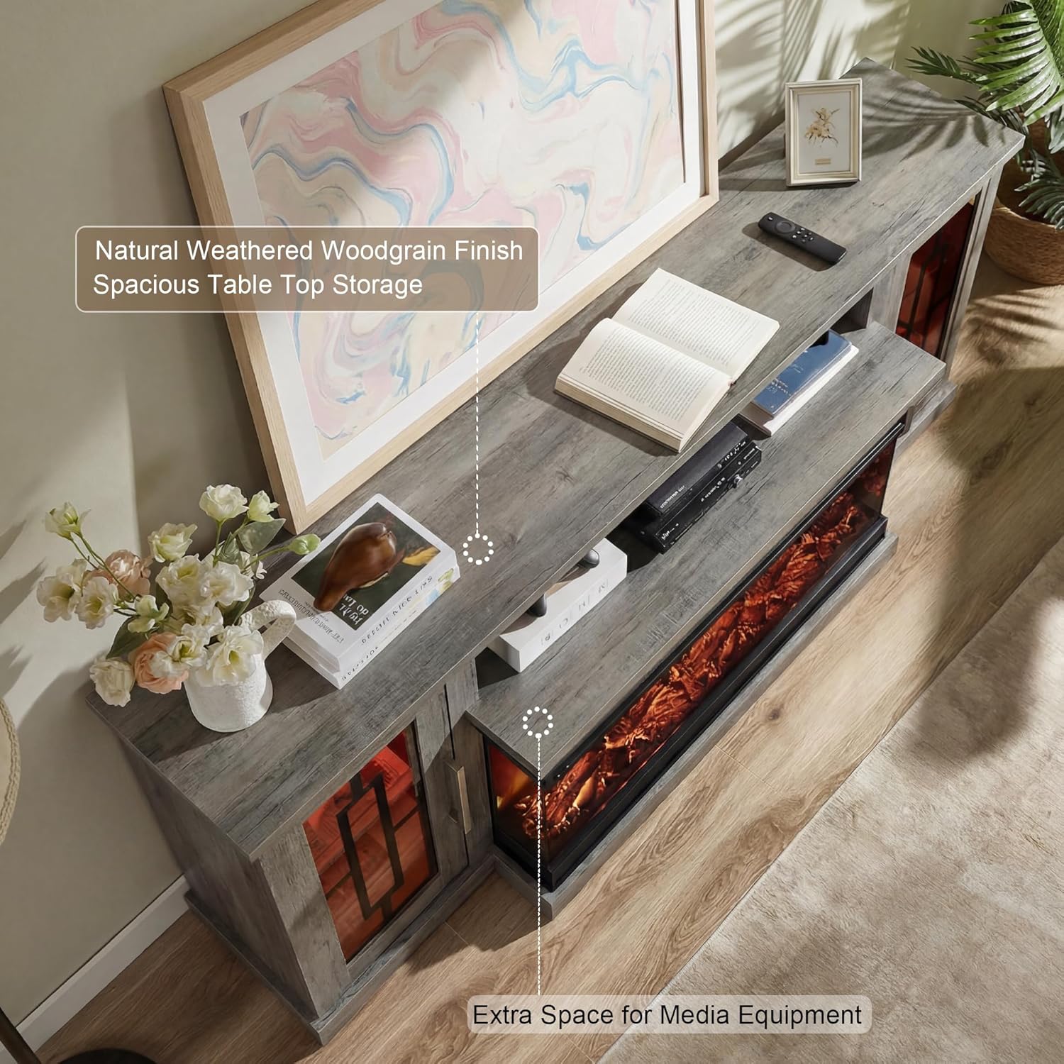 75 Inch Electric Fireplace TV Stand, 3- Side Glass LED Modern Media Entertainment Center Console Table for TVs up to 80/85 Inch w/Adjustable Flame, 40’’ Fireplace, Highboy, Gray Wash - Image 3