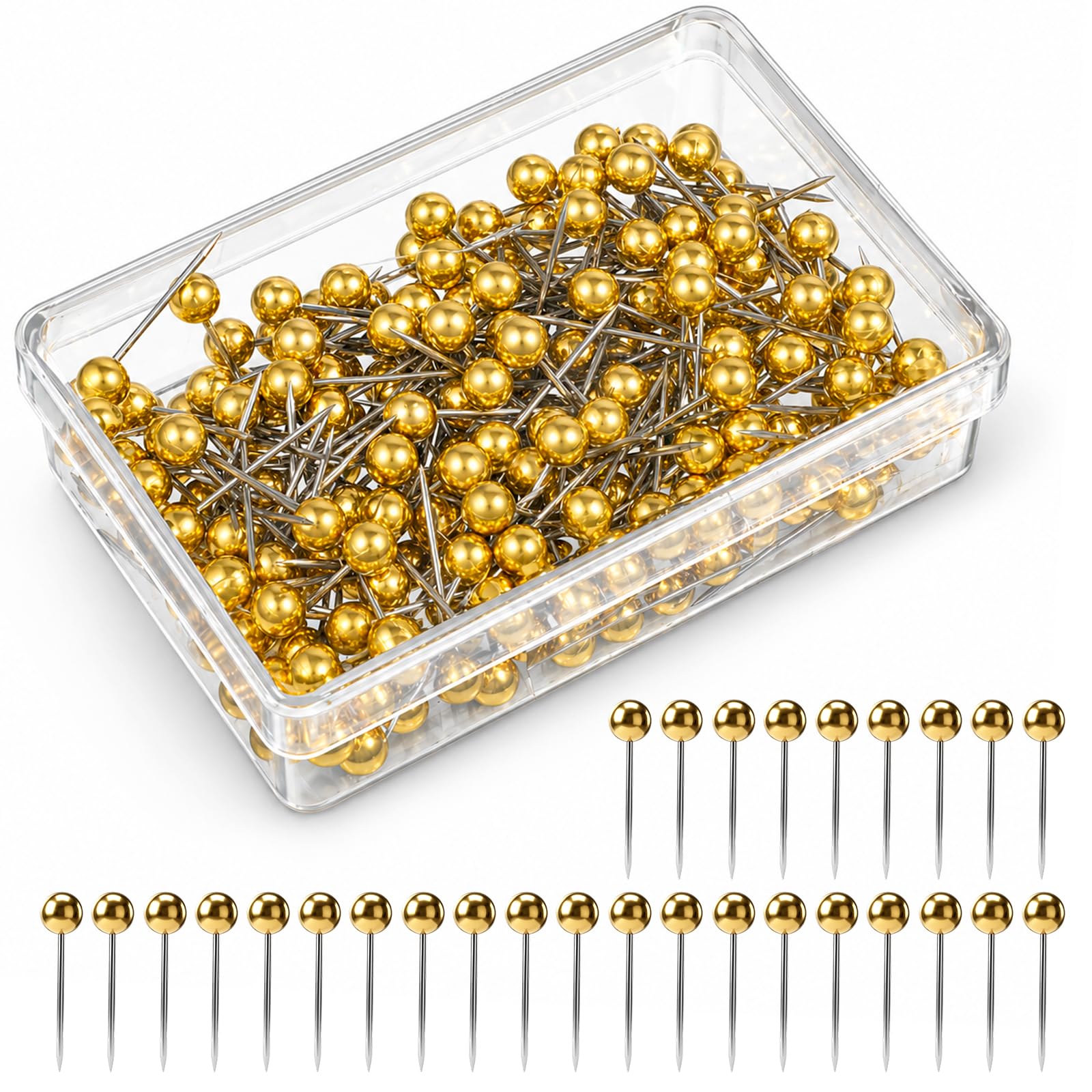 200 Stück Stecknadeln mit Kopf, Pinnadeln Stecknadeln Gold Pinnwandnadeln mit Aufbewahrungsbox Pins für Pinnwand Map Pins Gold für DIY Fotos Korkplatte Pinnwand Map (4 * 15mm)
