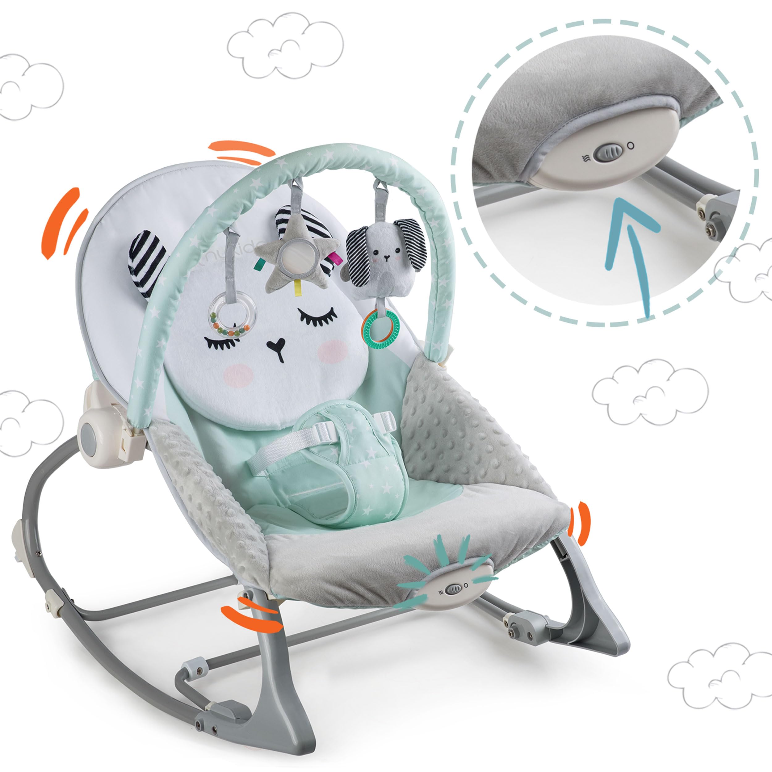 Nukido Babywippe Baby Wippe Babyschaukel Babyliege - mit Vibration und Spielzeugen - Rutschfeste Füße und 3-stufige Sicherheitsgurte - bis 18 kg Grau-Minze