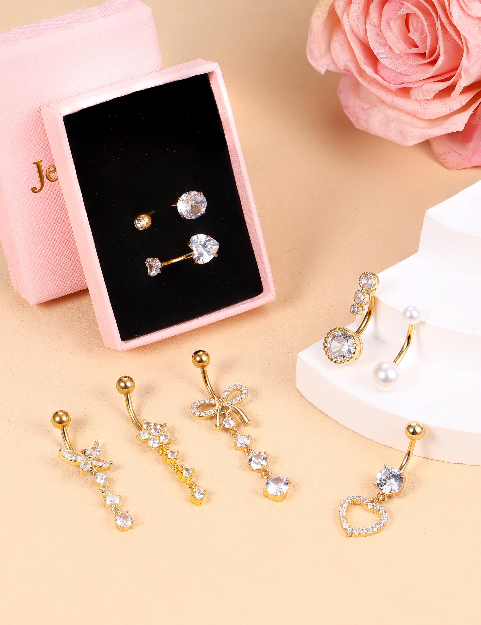 JeryWe 8Piezas Piercing Ombligo Acero Quirurgico Kit Piercing Nombril Hipoalergénicos Anillo Ombligo Colgante Acero Inoxidable 14G Cubic Zirconia Set Piercings Oro/Plata — view 4