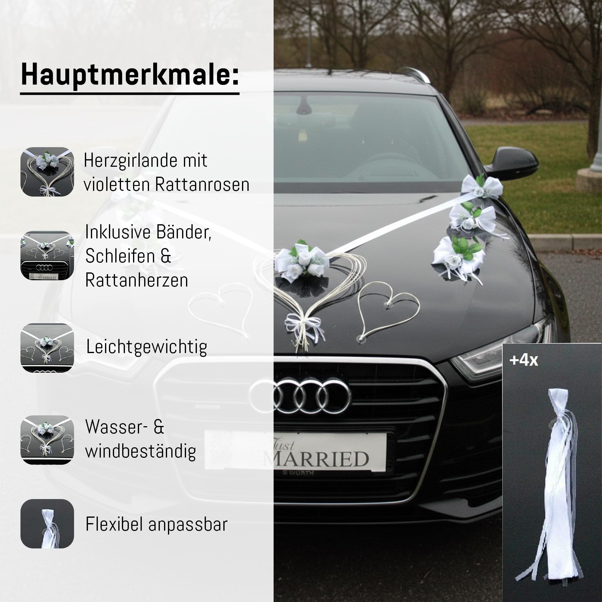 Autoschmuck Décoration de mariage pour voiture - En forme de cœur - Pour couple de mariée - En organza - Guirlande de voiture - Blanc pur
