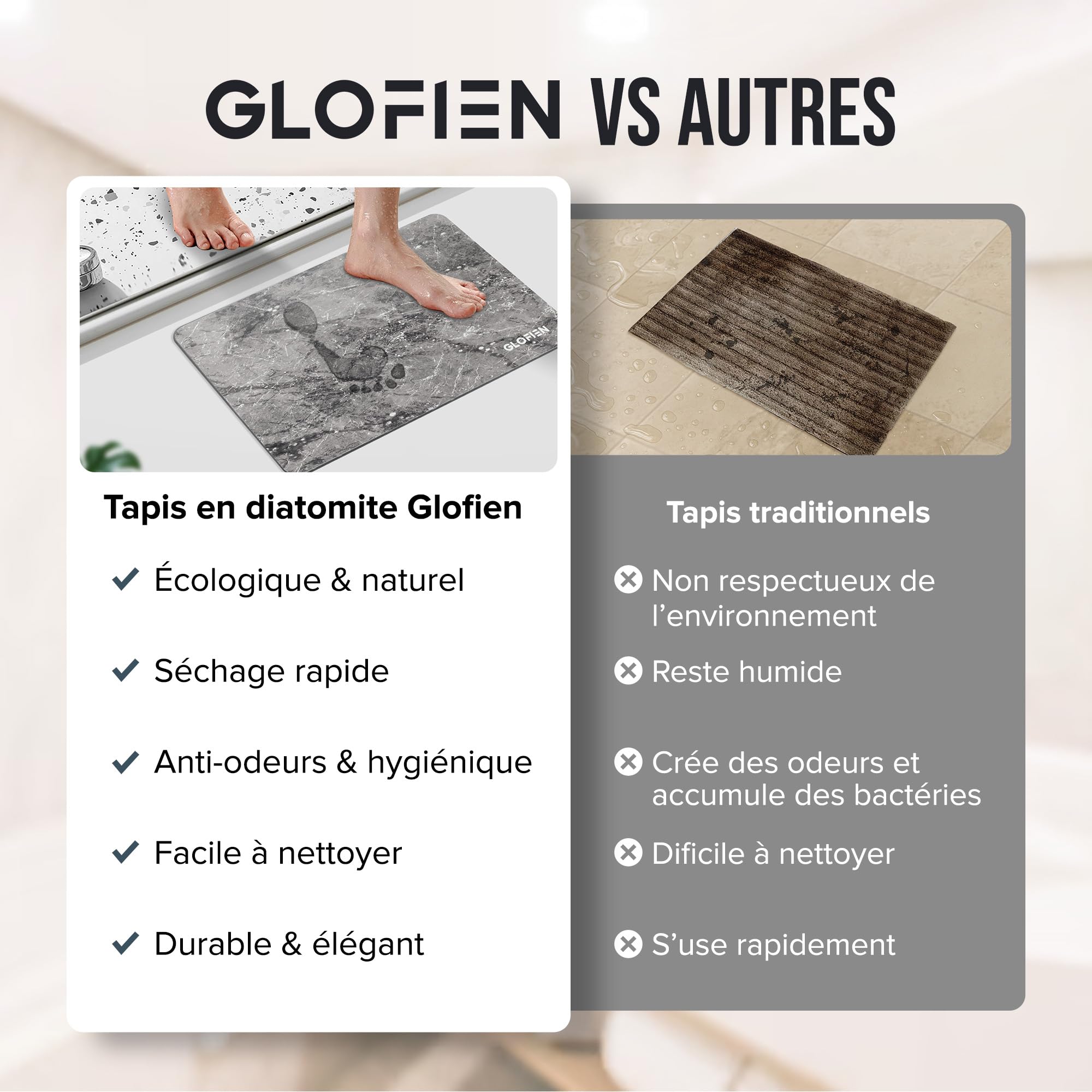 Tapis de Bain Diatomite 60x40 cm Antidérapant Ultra Absorbant Séchage Rapide