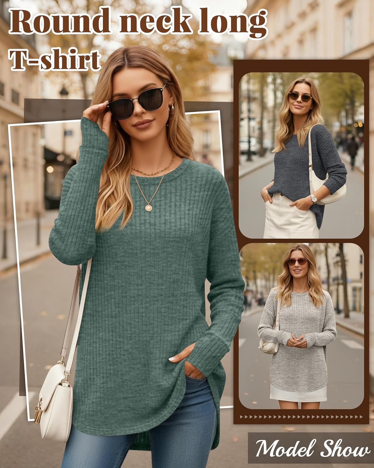 3 Pack Women's Long Sleeve Tops with Thumb Hole Ribbed Crew Neck Loose Fit Shirts Fall Winter Clothes Outfits - Image 2