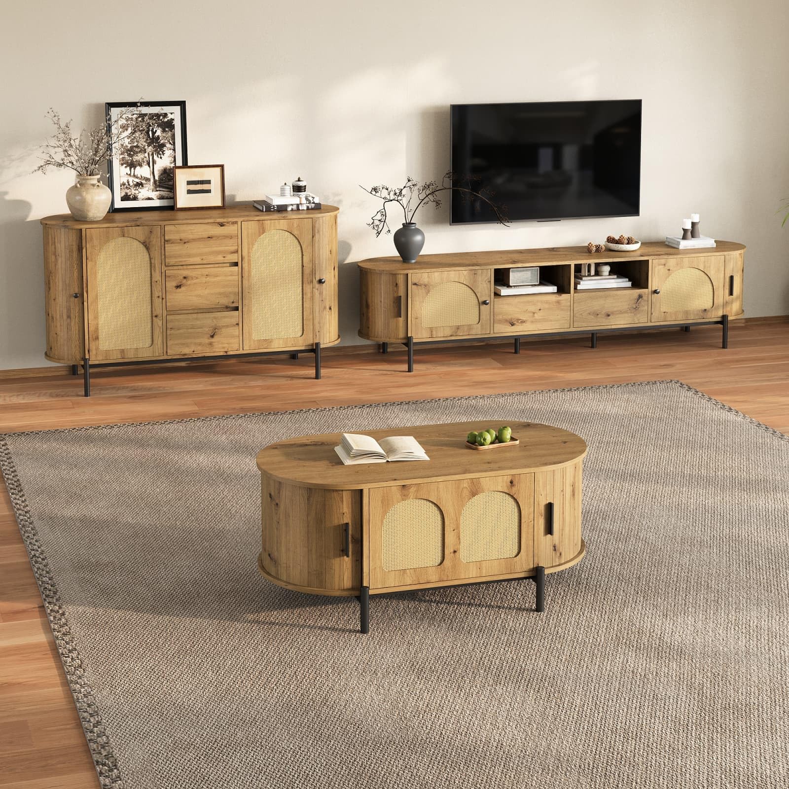 KOMHTOM Ensemble Meubles Salon 3 Pièces Meuble TV 200cm Buffet Table Basse Portes Coulissantes Effet Cannage Rotin Naturel(Bois Naturel - Effet Cannage (3 Pièces))