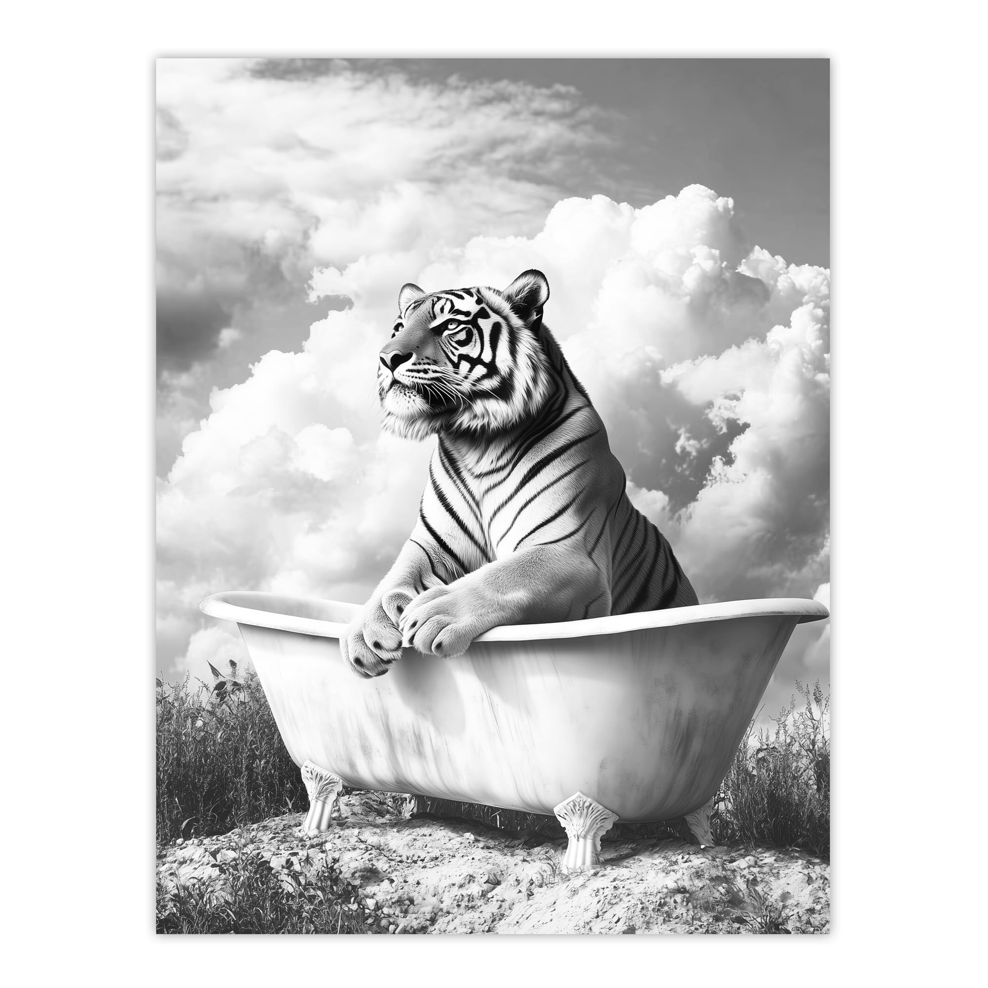 Artery8 Tiger Bathtub Black White Surreal Big Cat Lover Bathroom Toilet Extra Large XL Wall Art Poster Print