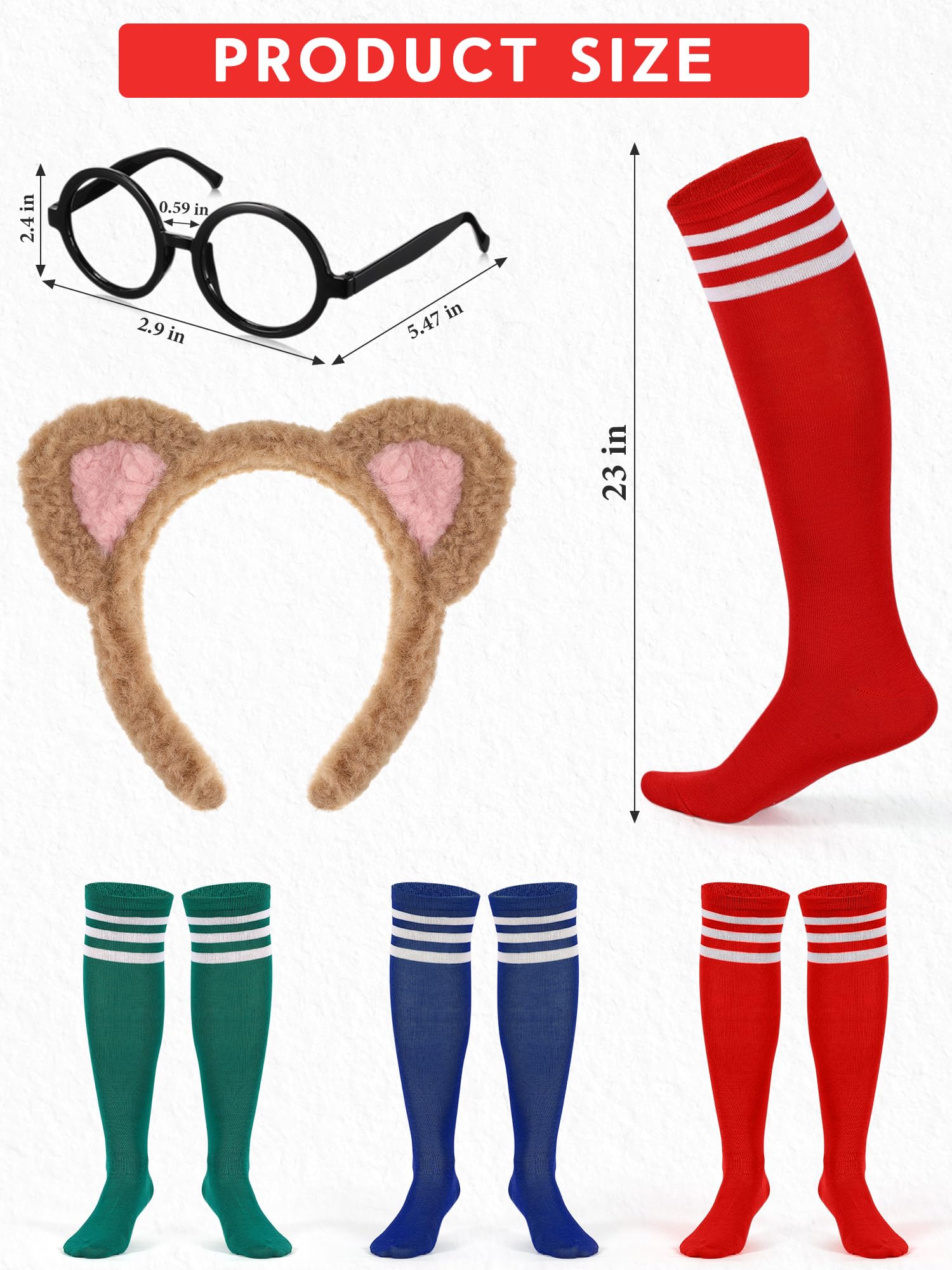 Tarpop 8 Pieces Halloween Animal Costumes Set Include 3 Ears Headband, 3 Pairs Knee high Socks, Round Frame Glasses and Red Baseball Cap for Adults Teens Halloween Party