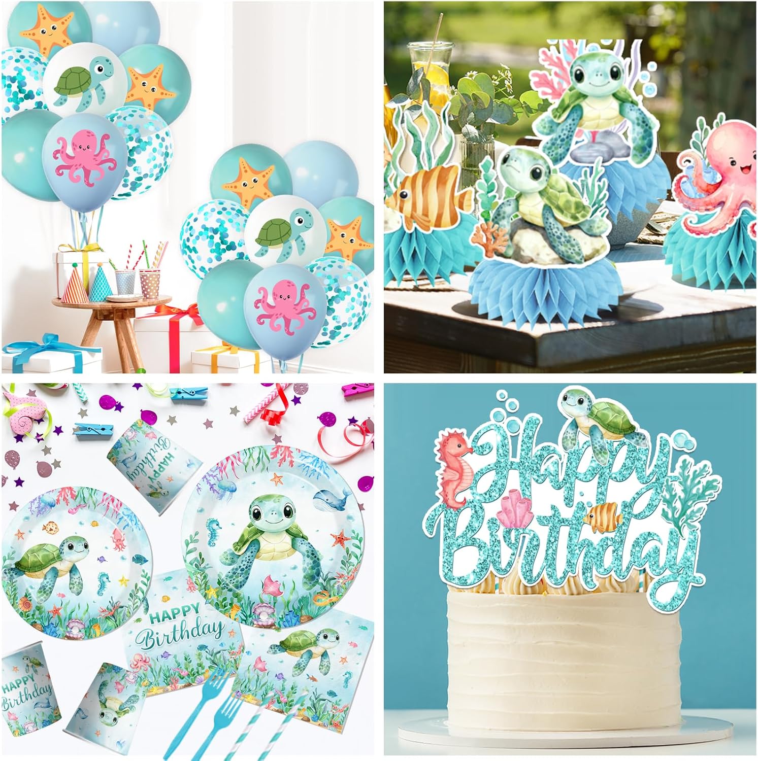 206pcs Ocean Turtle Birthday Party Supplies Under the Sea Decoration Ocean Sea Animal Disposable Plates Napkins,Tablecloth,Cups,Balloon,Forks,Cake Toppers for Sea Turtle Birthday Theme Decor,Serve 24