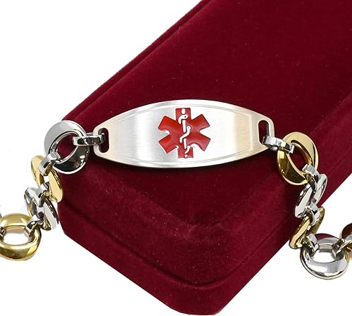 Pulsera médica para mujer con grabado gratis, acero inoxidable, personalizable, tamaño personalizado, cadena de tono dorado de 0.6 in