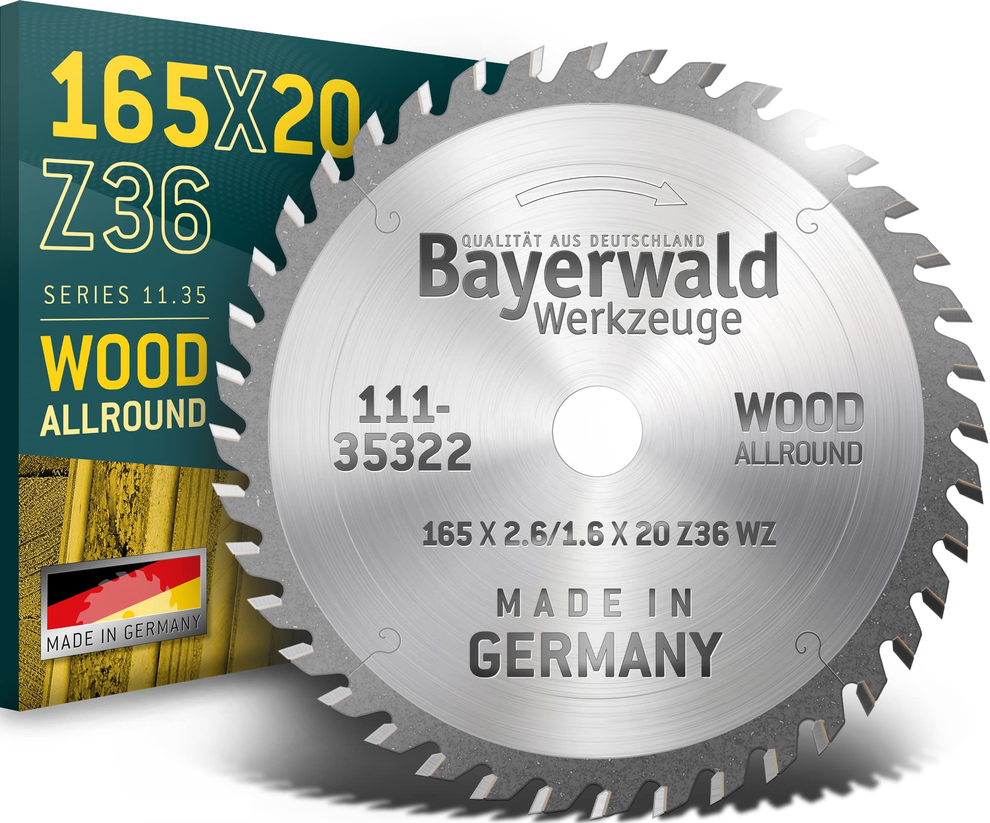Bayerwald HM - Lama per sega circolare manuale per legno, Ø 165 mm x 2,6 mm x 20 mm, denti alternati (36 denti/fini), senza fori
