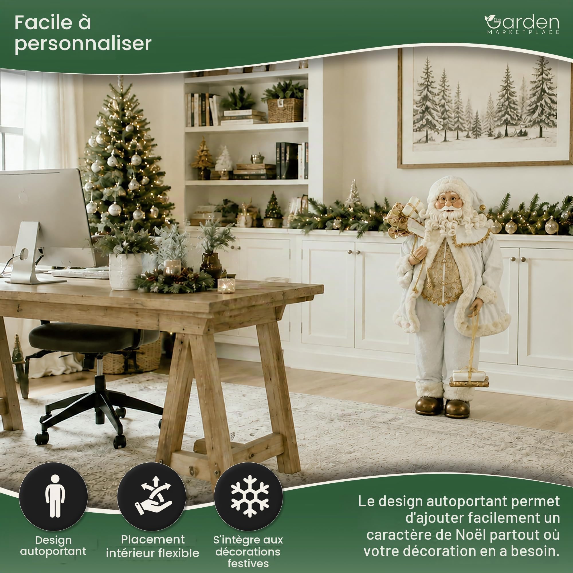 Garden Market Place Grande figurine de Père Noël avec sac de jouets – Style Père Noël blanc 90 cm