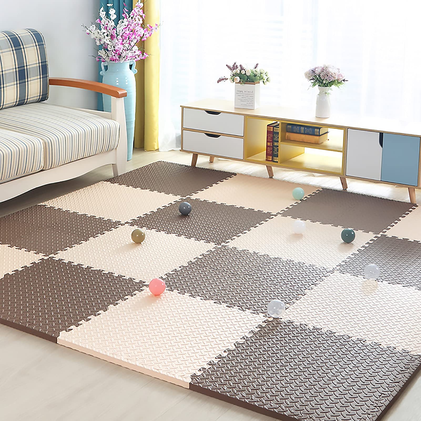JLCP Baby Foam Play Puzzle Mats, Soft Floor Tiles Kids Foam Play Mats, Interlocking Mat 60X60x2cm Non-Slip Waterproof Crawling Mat Kids Rug Activitys Games Toys,Beige+Brown,9pcs