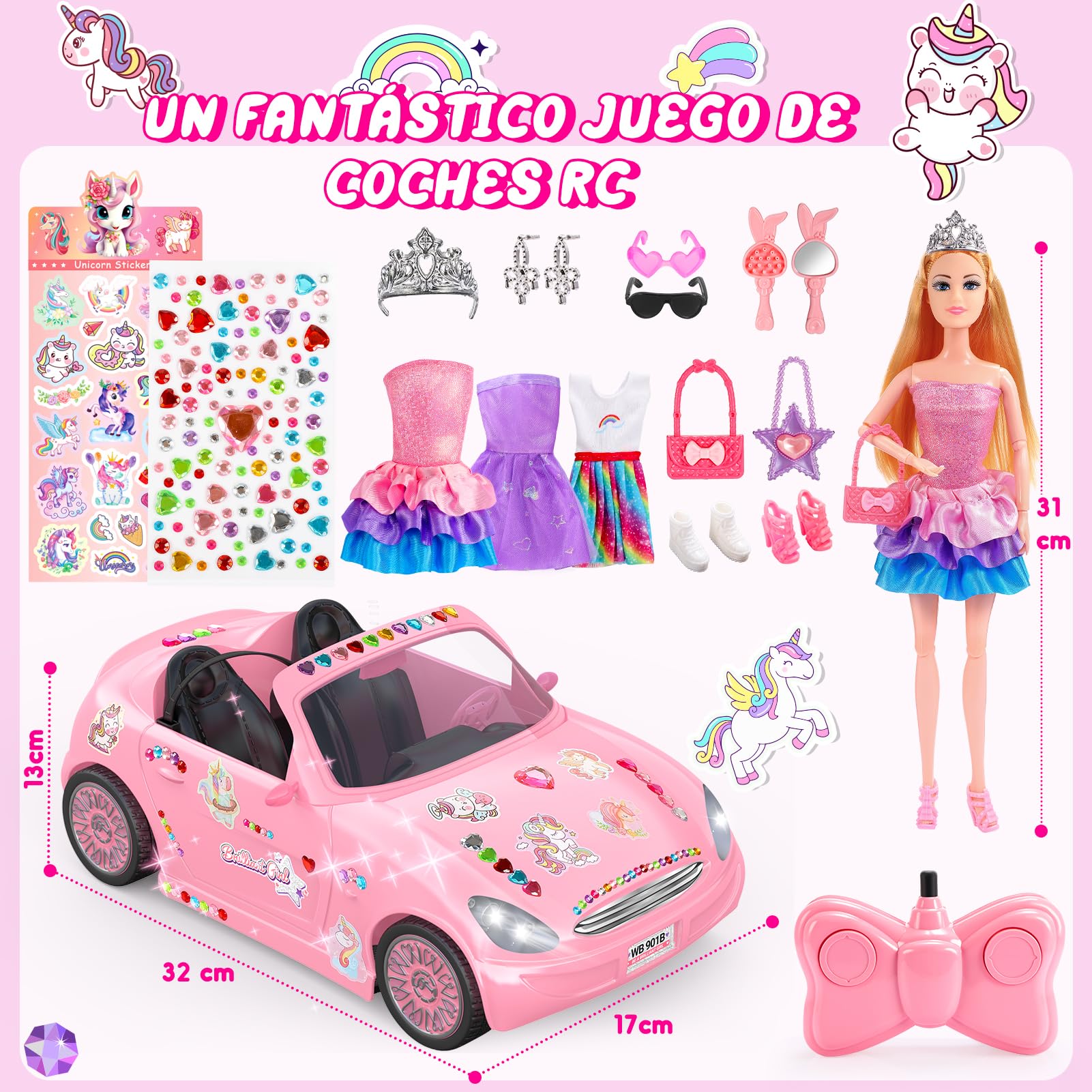 HappyGoLucky Voiture RC Fille – Cabriolet Rose Avec Poupée, 3 Tenues, 12 Accessoires, Autocollants, 2 Batteries