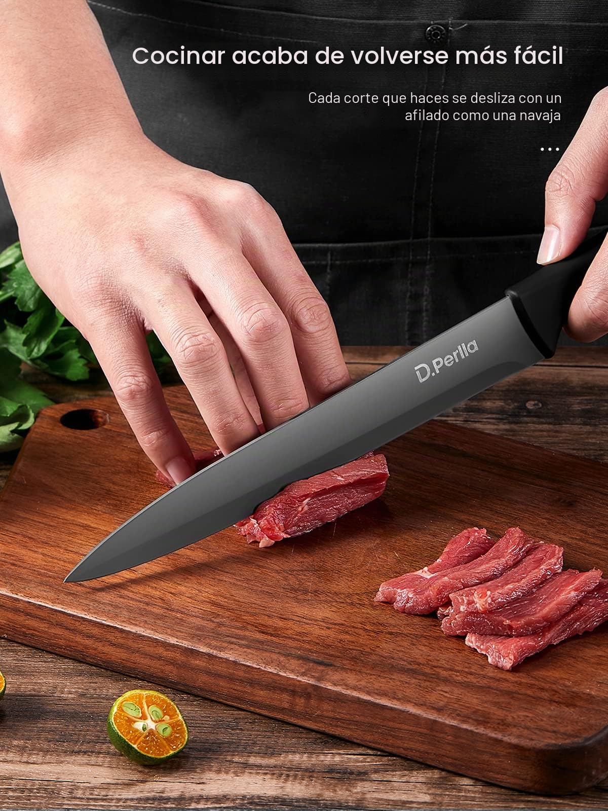 D.Perlla Juego de Cuchillos de Cocina, 15 Piezas Negro Revestimiento Antiadherente Set Cuchillos Cocina, Acero Inoxidable de Alto Carbono, Afilado y Antioxidante, con Bloque de Madera