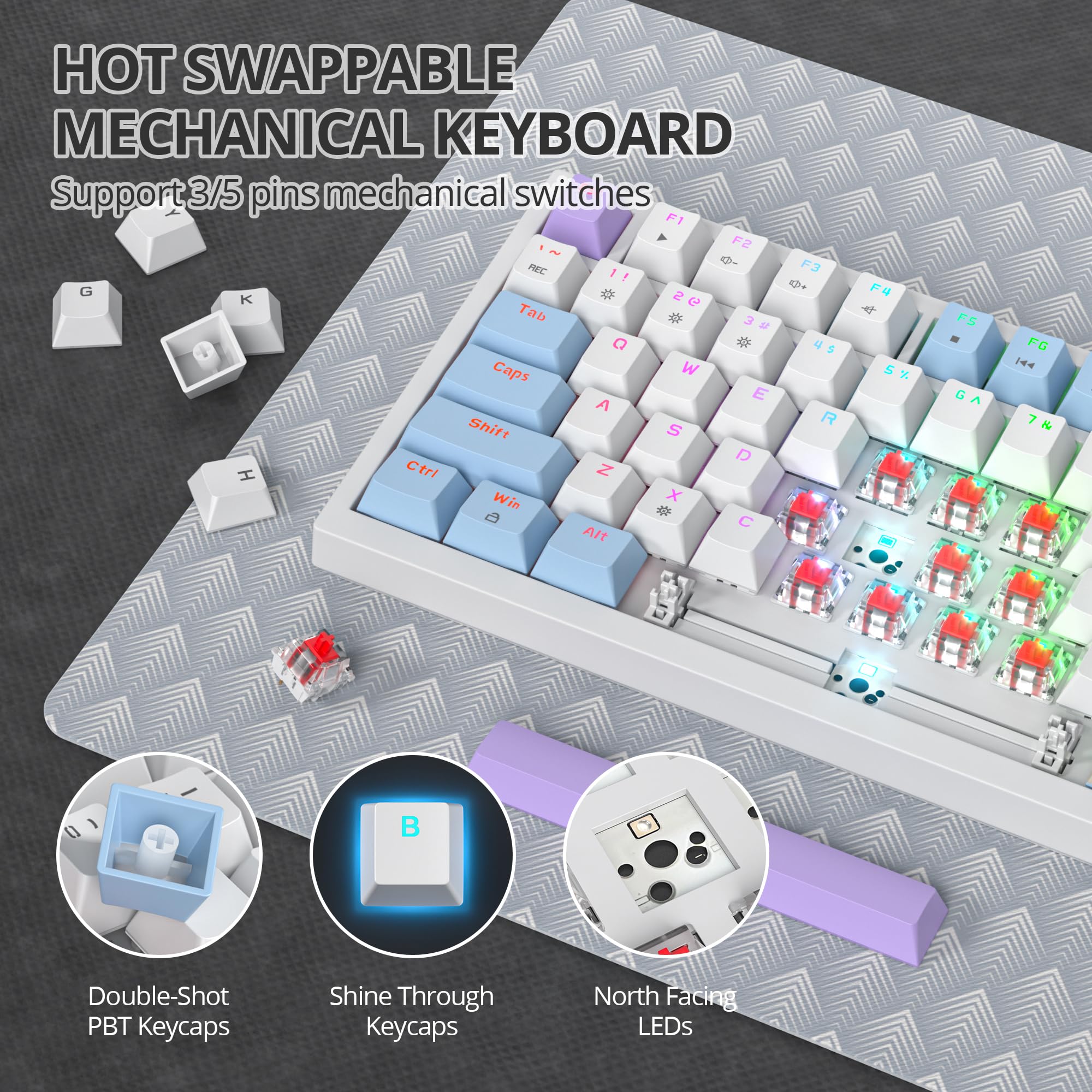 Tastiera meccanica da gioco 75% viola, con RGB hot swap e montaggio a guarnizione, switch TKL rosso, 75%, tastiera meccanica cremosa (82 viola bianco)
