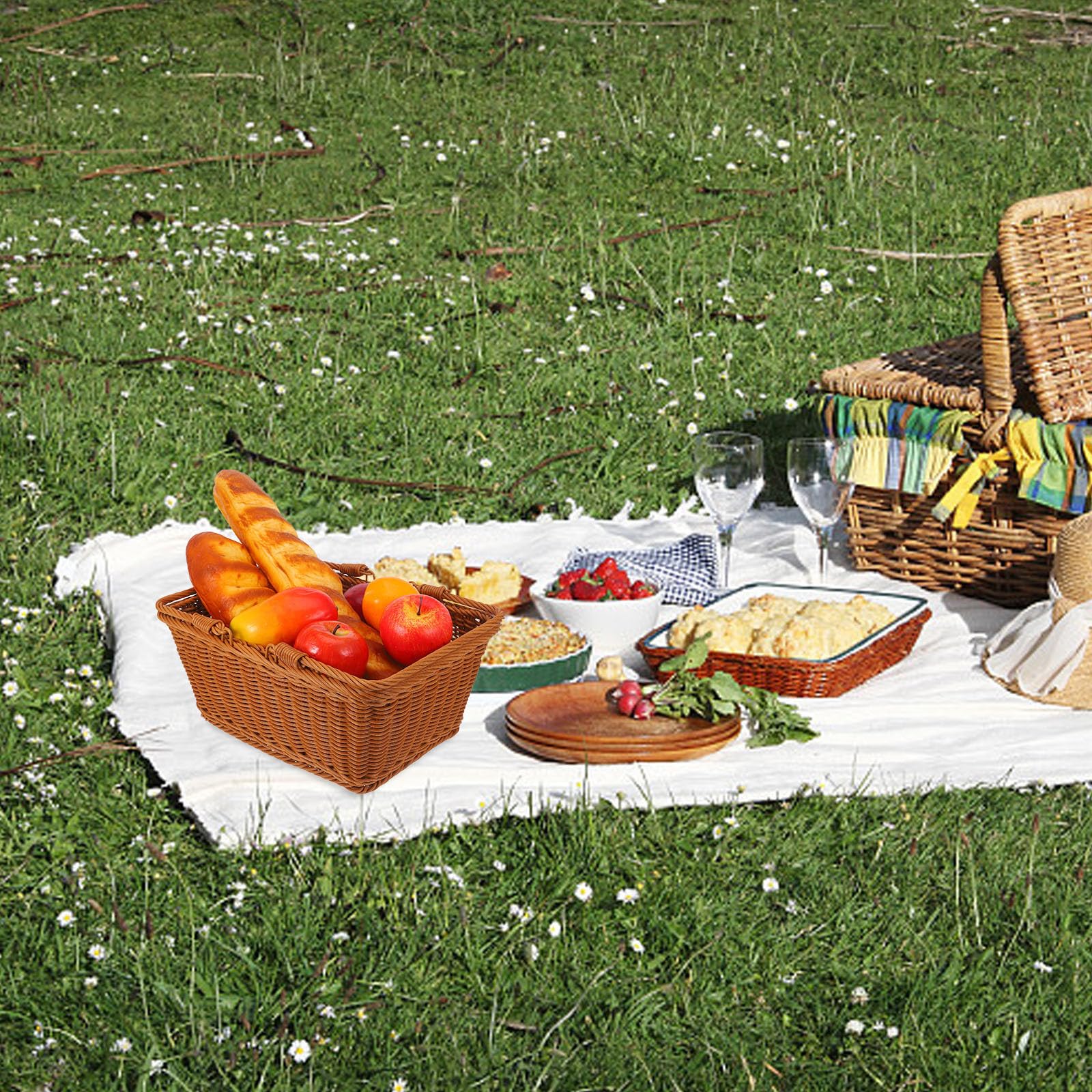 YARNOW Cesta Tejida Portátil de Plástico Marrón para Picnic y Almacenamiento de Frutas y Snacks, Ligera y Fácil de Transportar para Uso Interior y Exterior
