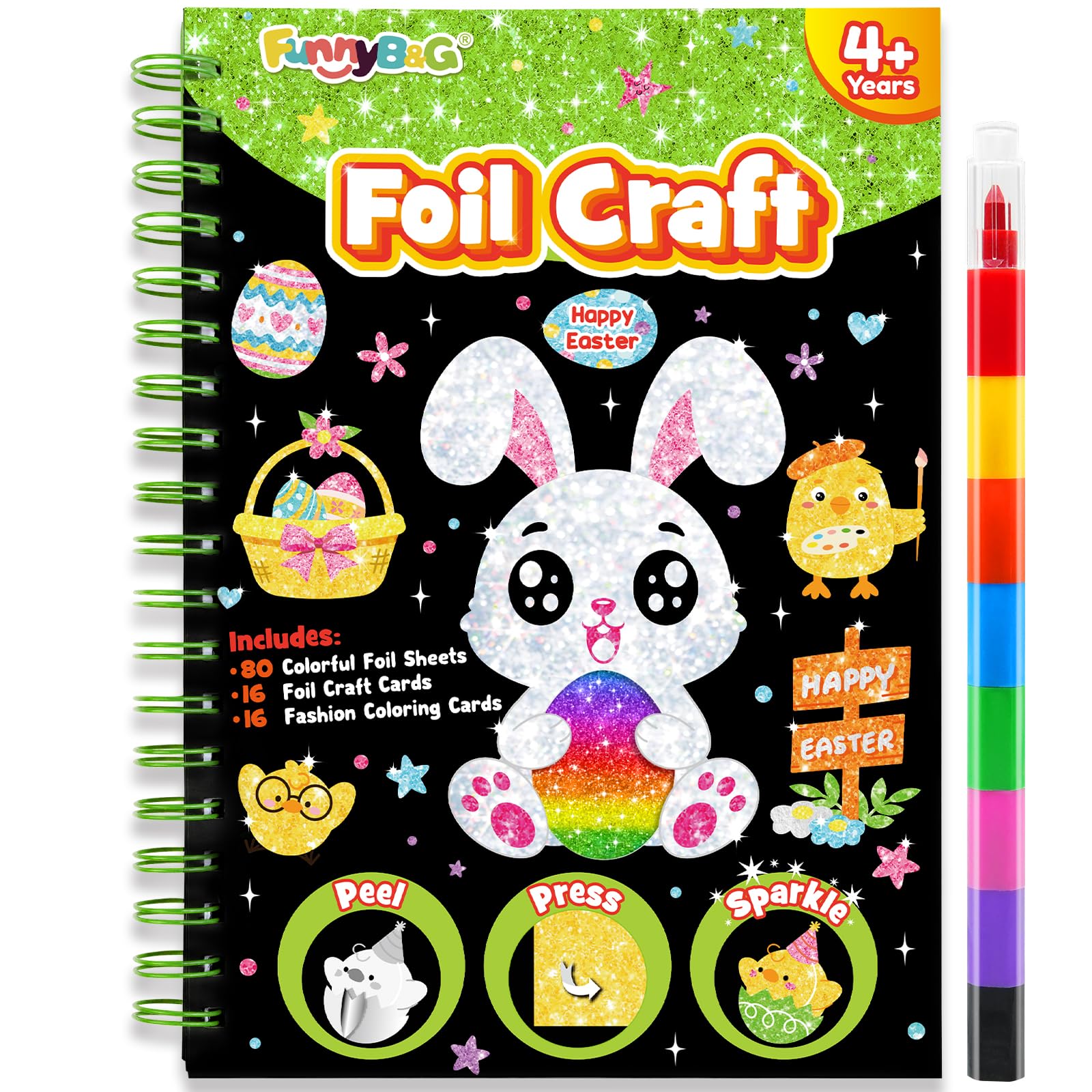 FUNNYB&G Foil Art Kinder Kunst & Bastelaktivität: Kreatives Reisespielzeug für DIY-Aktivität, Bastelset kinder | Geschenk Mädchen 4 5 6 7 8 9 Jahre (Ostern)