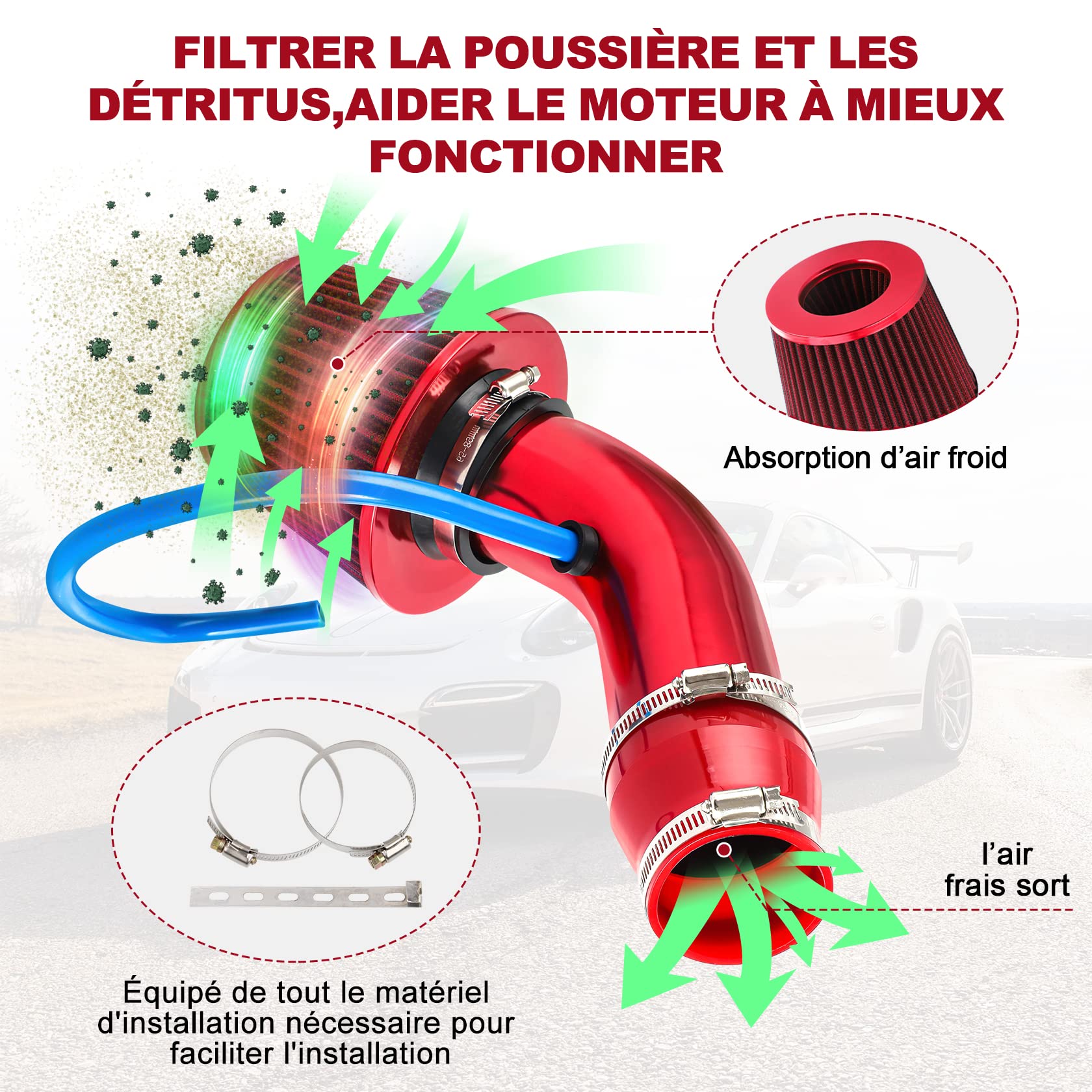 Pindex Kit Admission Direct Filtre a Air Sport Voiture Filtre D'admission D'air Froid Tuyau Diamètre 76mm Système D'admission D'air en Fibre de avec Tuyau - Rouge