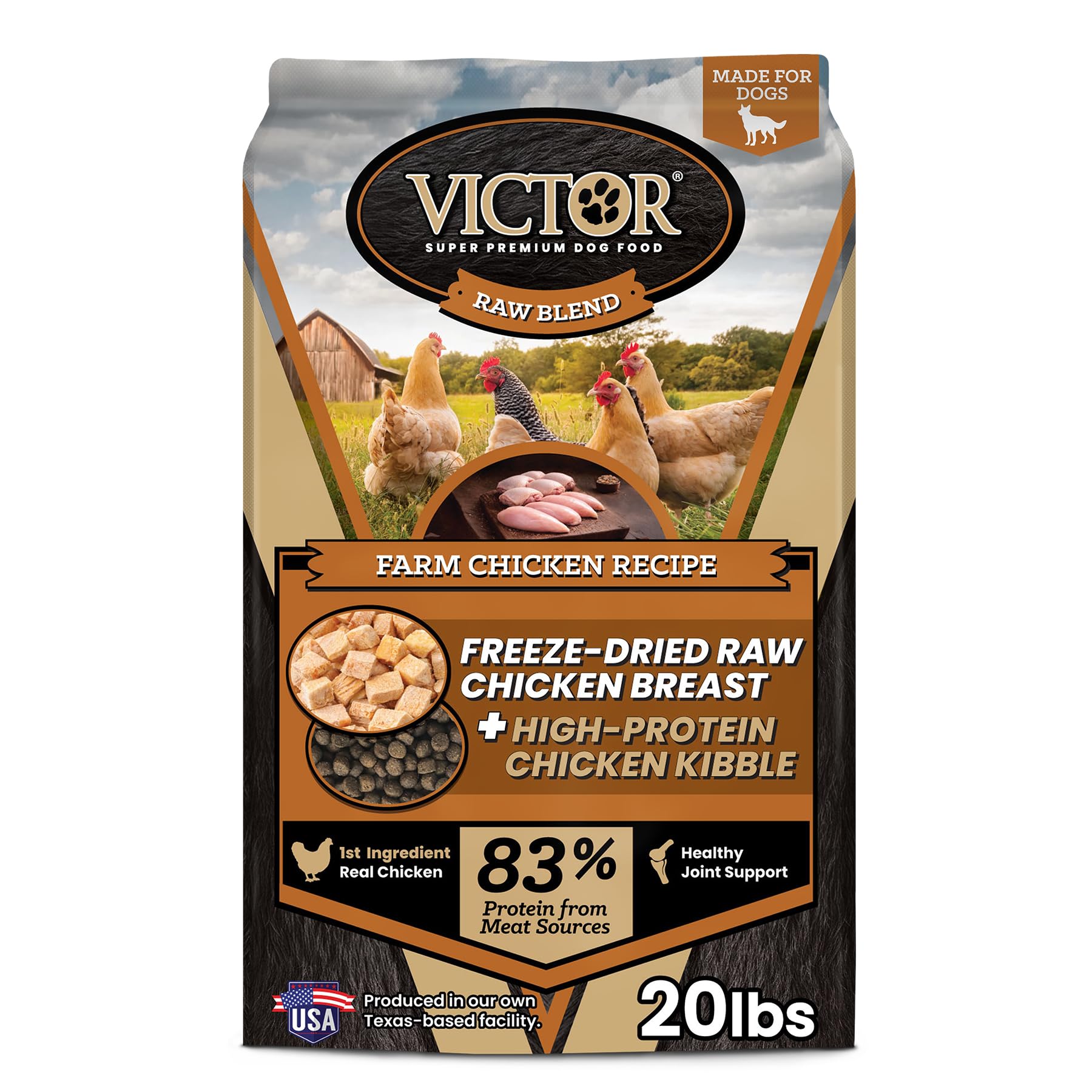 VICTOR Raw Kibble Blend - Farm Chicken Freeze-Dried Dry Dog Food, 20 lb
