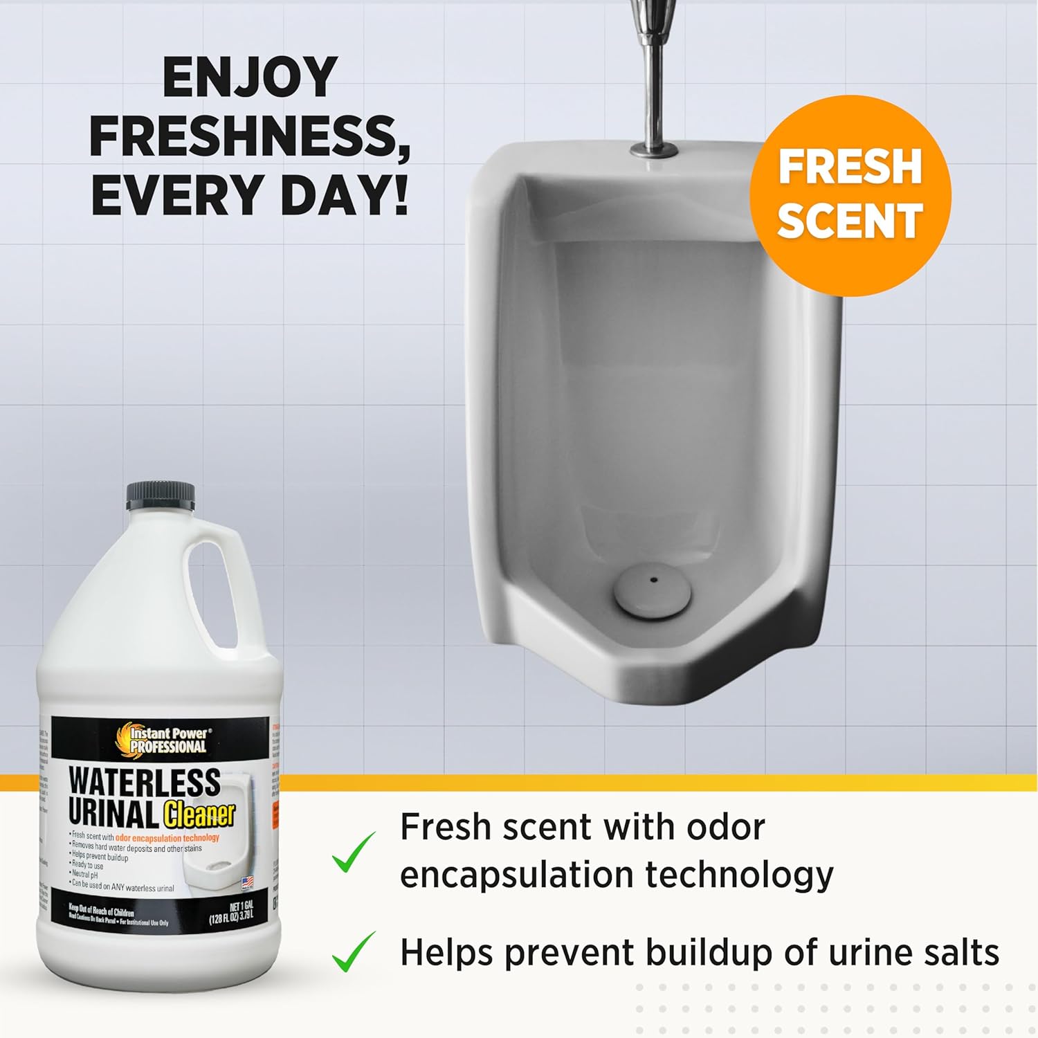 Instant Power Professional Waterless Urinal Cleaner – Removes Hard Water Deposits and Other Stains, Prevents Drain Buildup, Ready to Use, 1 Gal