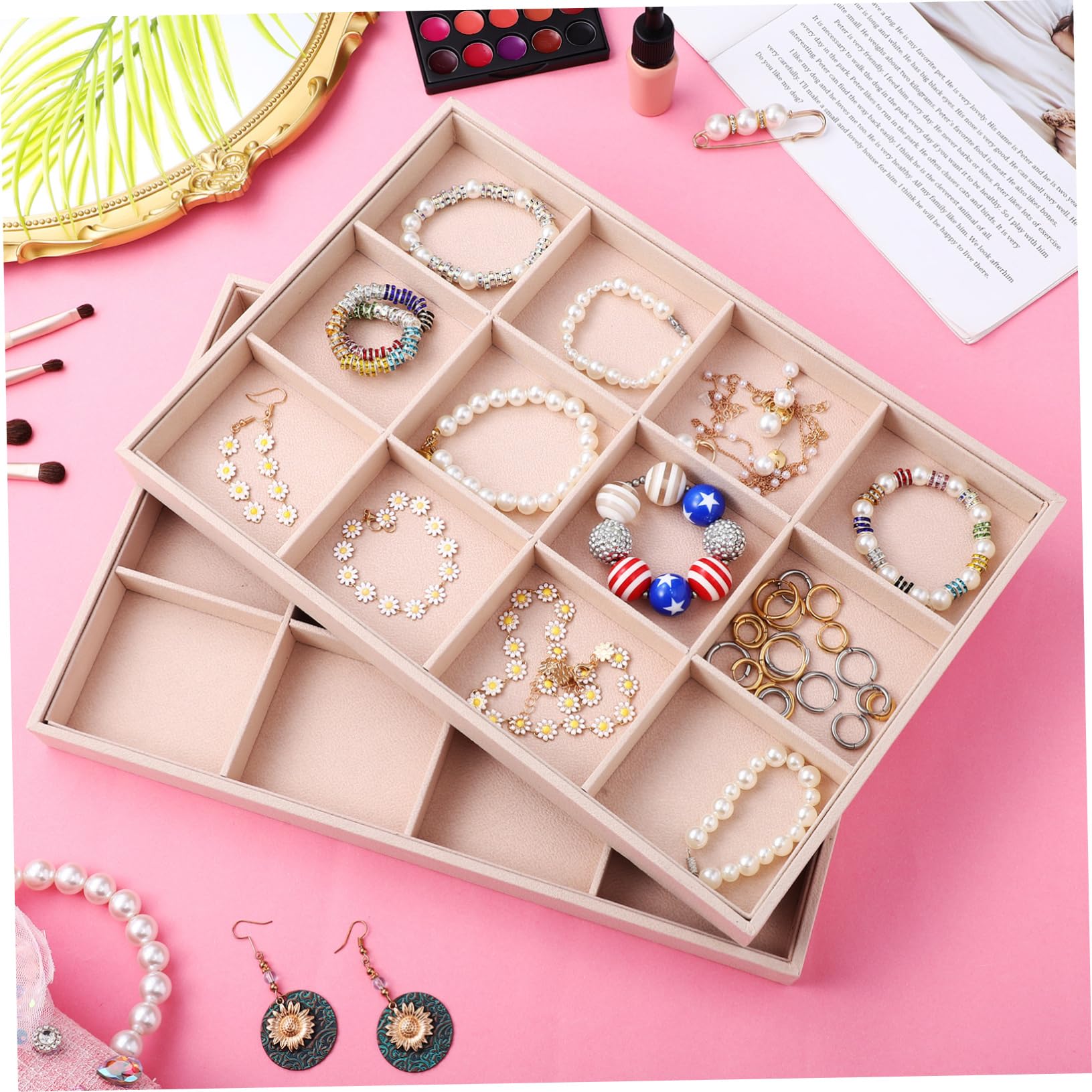 COLLBATH Bandejas para Joyas Terciopelo 12 Compartimentos Organizador de Joyería para Collares y Anillos Uso Personal y Exhibición 2 Unidades Apilables