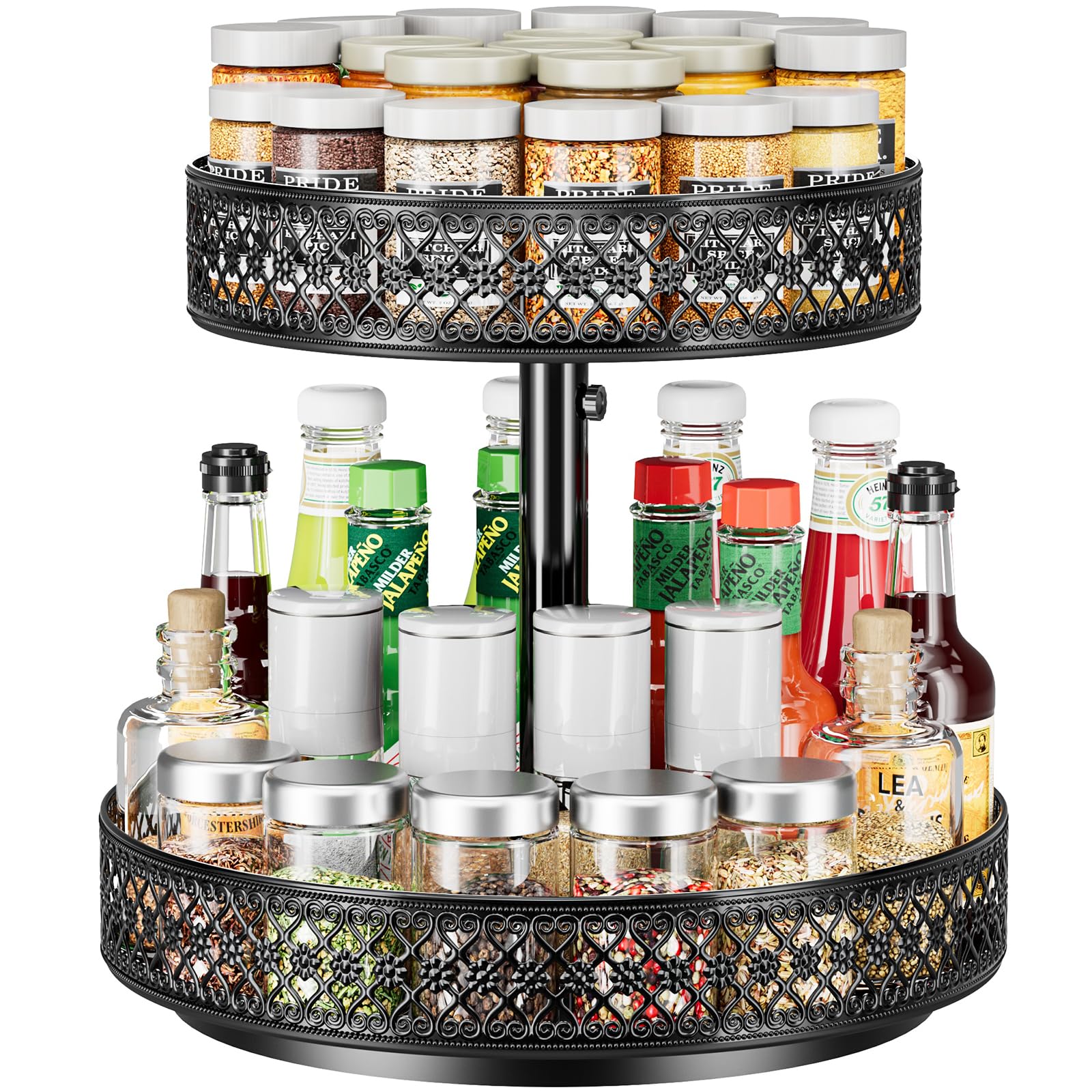 Especiero Lazy Susan 2 niveles 360°, organizador giratorio de metal 30 cm | Bandeja giratoria floral para especias y objetos pequeños. Ideal para cocina, despensa, nevera, baño y mesa.