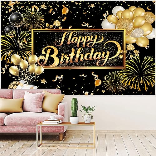 Miniatura 5 de Younger Land Telón de fondo de feliz cumpleaños negro y dorado para mujeres, hombres, niños, niñas y niños, 7 x 5 pies, poliéster, rosa dorada,