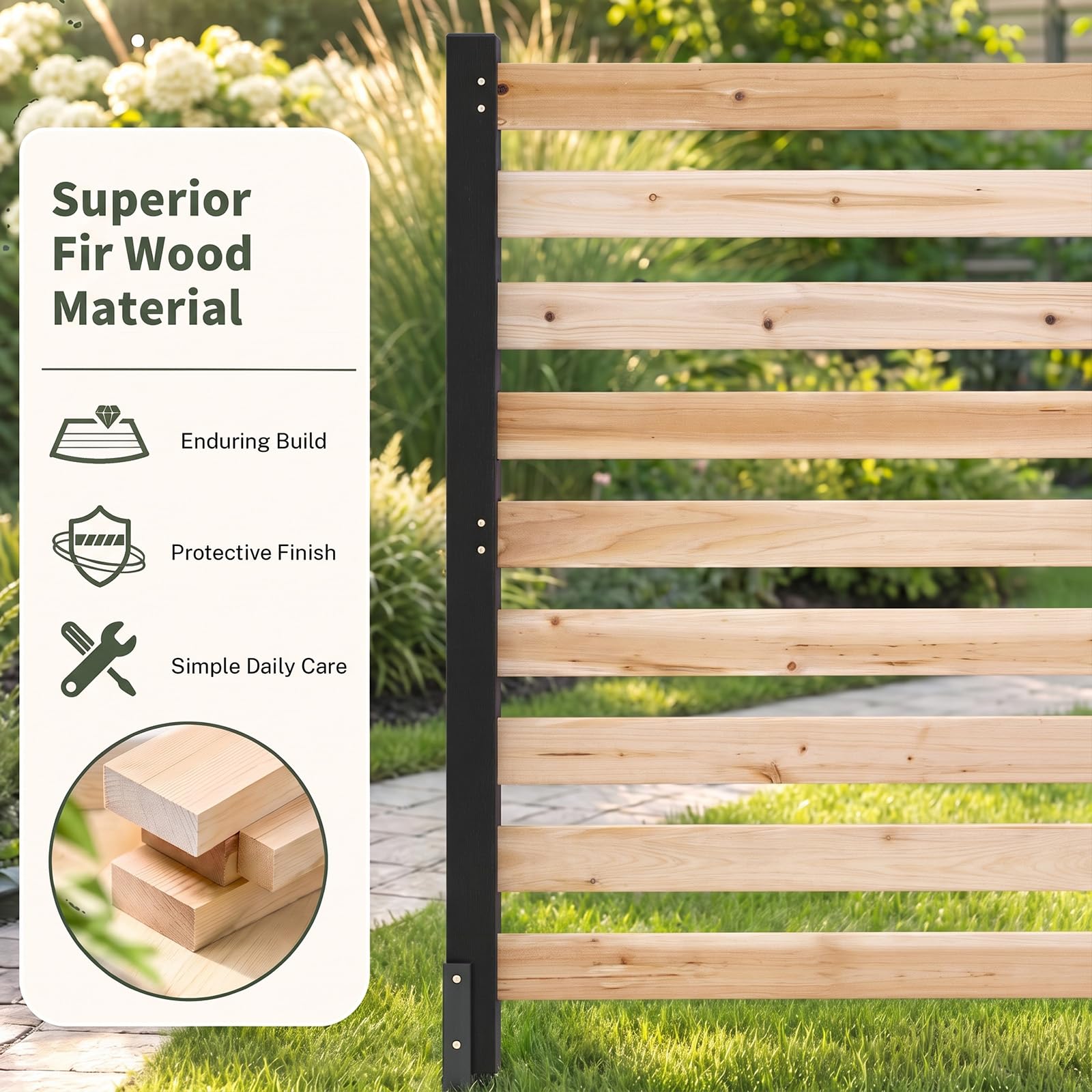 HOMASIS Pantalla de Privacidad, 98 x 107 cm (Natural) | Valla de Jardín de Madera de Abeto de 2 Paneles con Estacas y Diseño de Listones, Valla para Aire Acondicionado para Patio