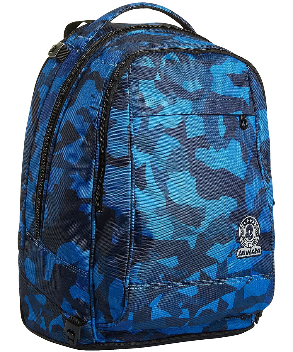 Invicta Trolley Scuola Tech, Blu, Camo Squared, 3 in 1, Triplo Uso, Zaino con Carrello Sganciabile e Crossover System, Zaini e Trolley, Viaggio