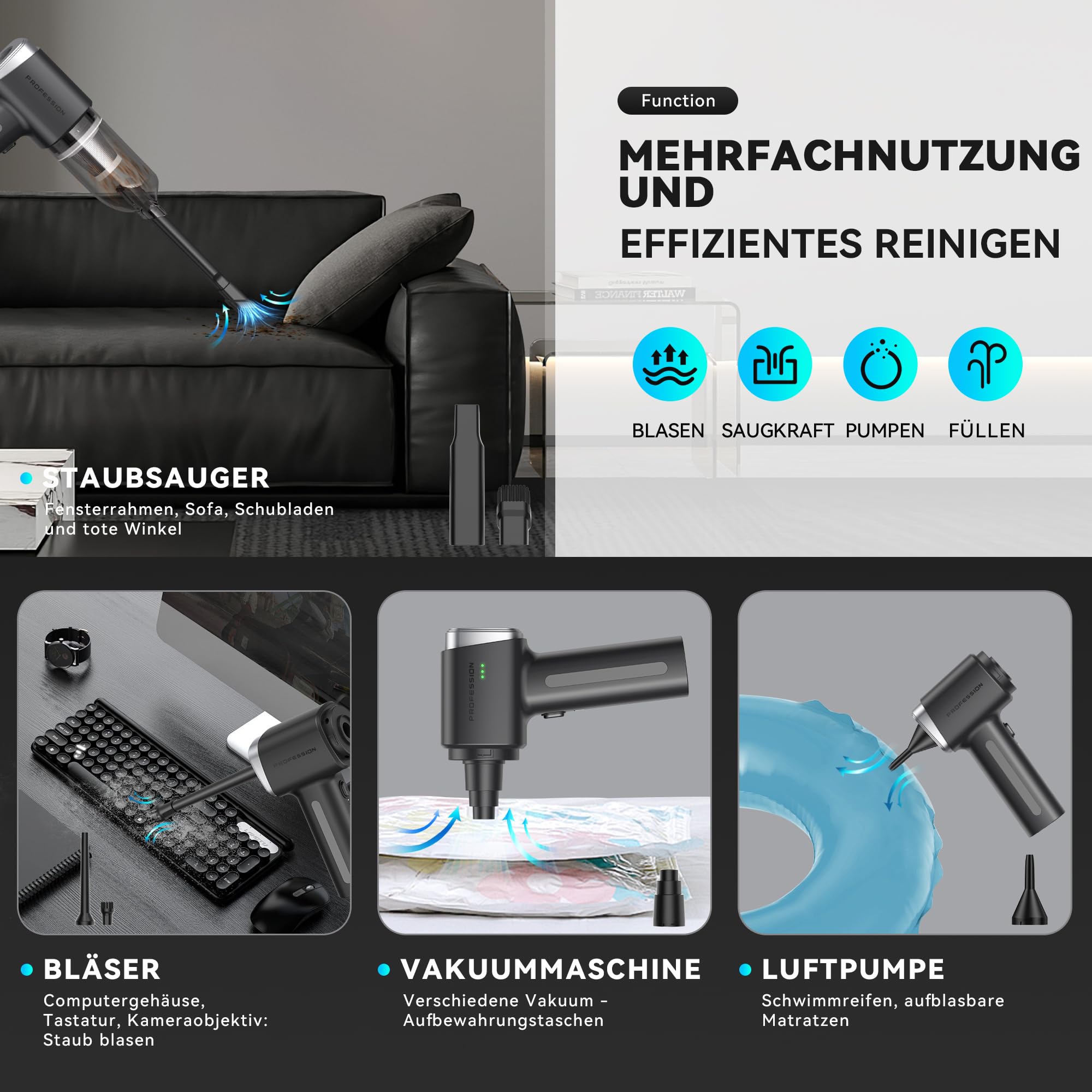 Handstaubsauger Handstaubsauger Akku Autostaubsauger Stark 28000Pa 4-in-1 für Auto Tierhaare Innenraum Haushalt (Schwarz)