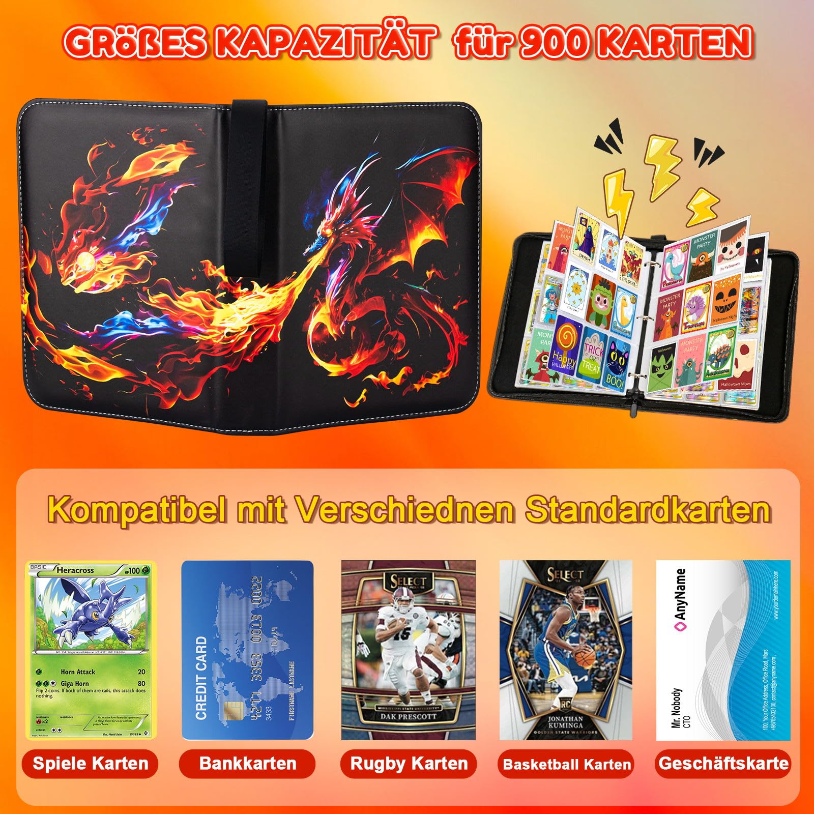 Album di carte da collezione, 9 scomparti, 50 pagine, 900 carte, capacità: album di ritagli, raccoglitori per carte da gioco, carte sportive, come regalo per ragazzi e ragazze