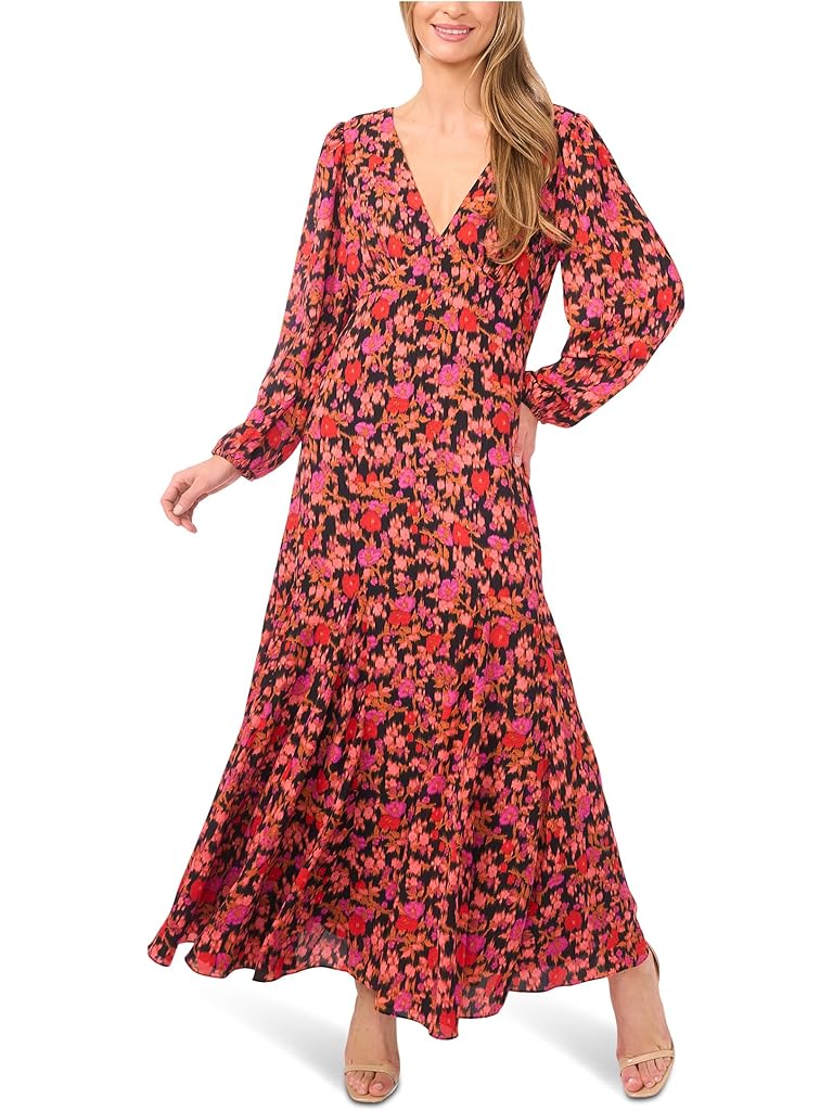Black CeCe V-Neck Balloon Sleeve Printed Maxi Dress