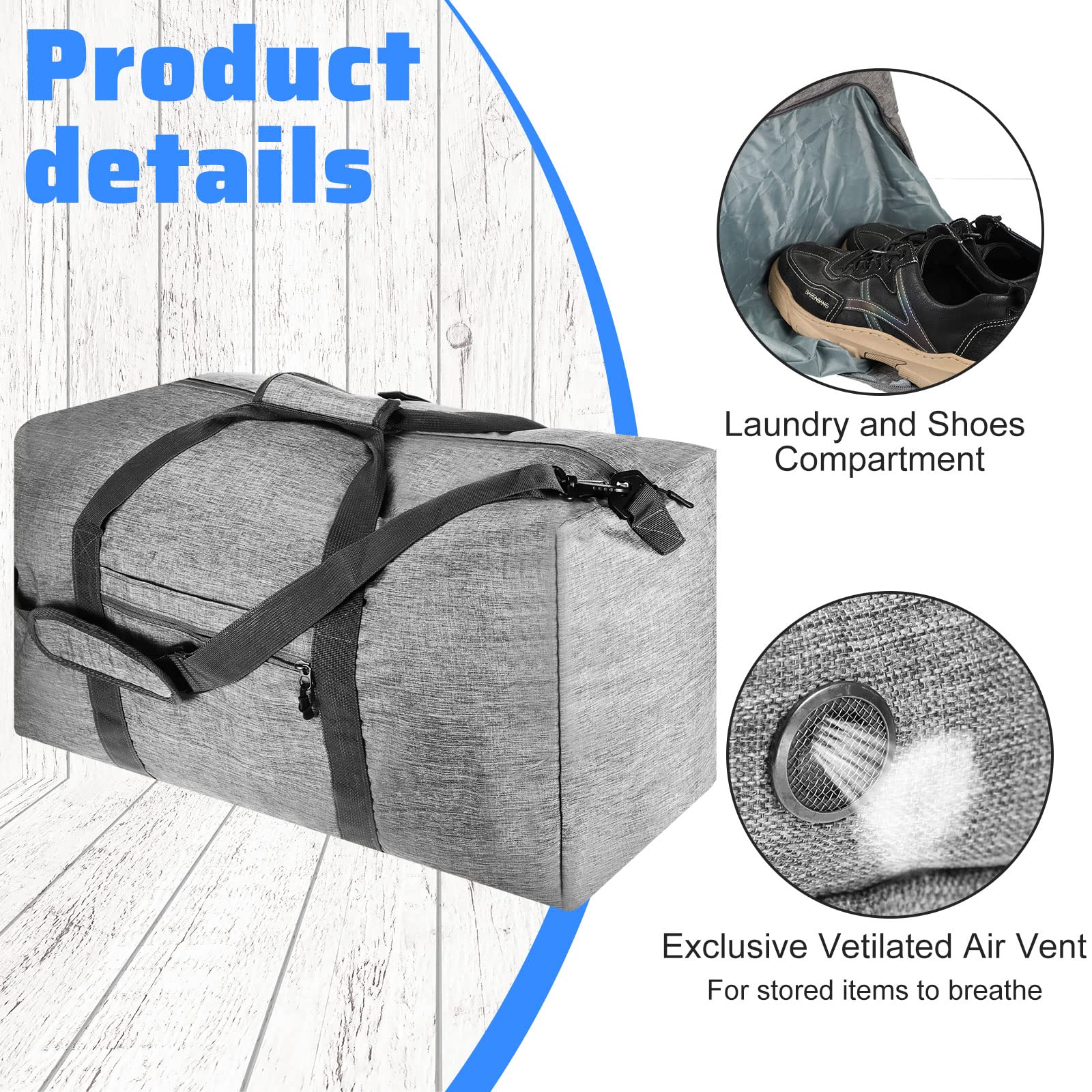 4 bolsas de lona de viaje de 65 l plegables con compartimento para zapatos y correa ajustable, bolsa de gimnasio impermeable, mochila de equipaje durante la noche, mochila de fin de semana 6