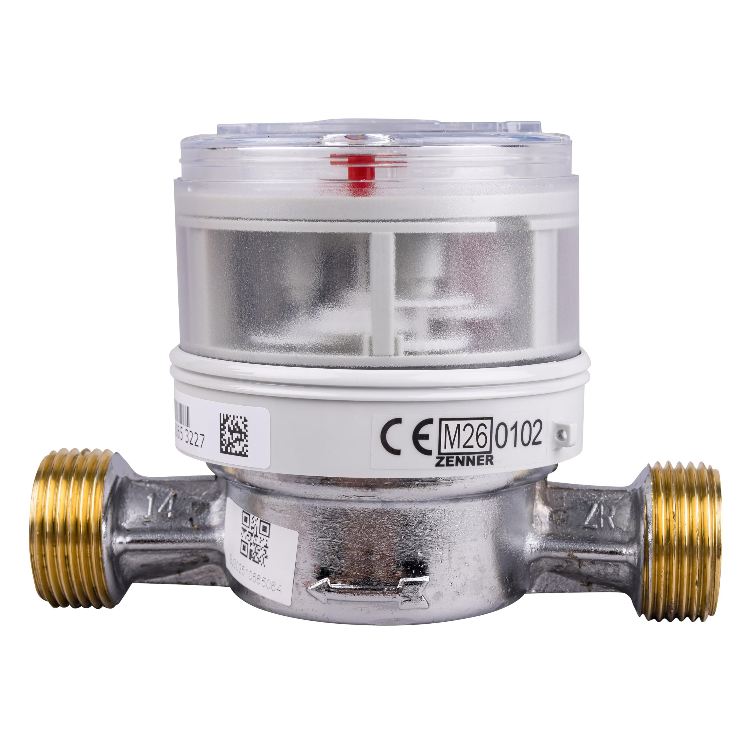 Contador de agua de Zenner Q3 = 2,5 para agua fría + caliente, BL 110 mm, 3/4 pulgadas de conexión/calibrado 2026 con la marca "CE M26 0102" lateralmente en el contador.