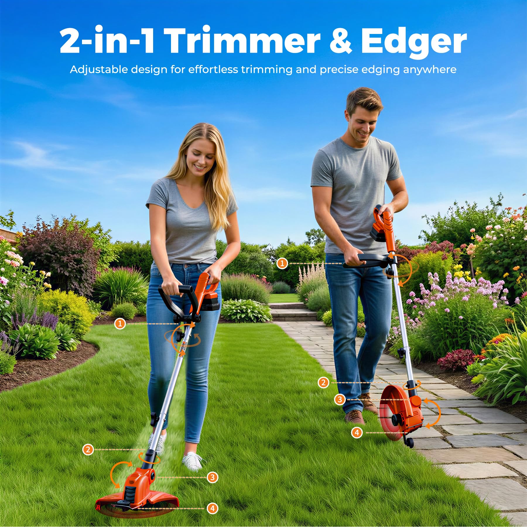 Cordless Weed Wacker String Trimmer: 21V Electric Weed Eater and Edger Battery Powered Grass Cutter Lawn Tool with 12 Inch Cutting Width Two Pack 2000mAh Batteries and Charger for Small Yard — view 7