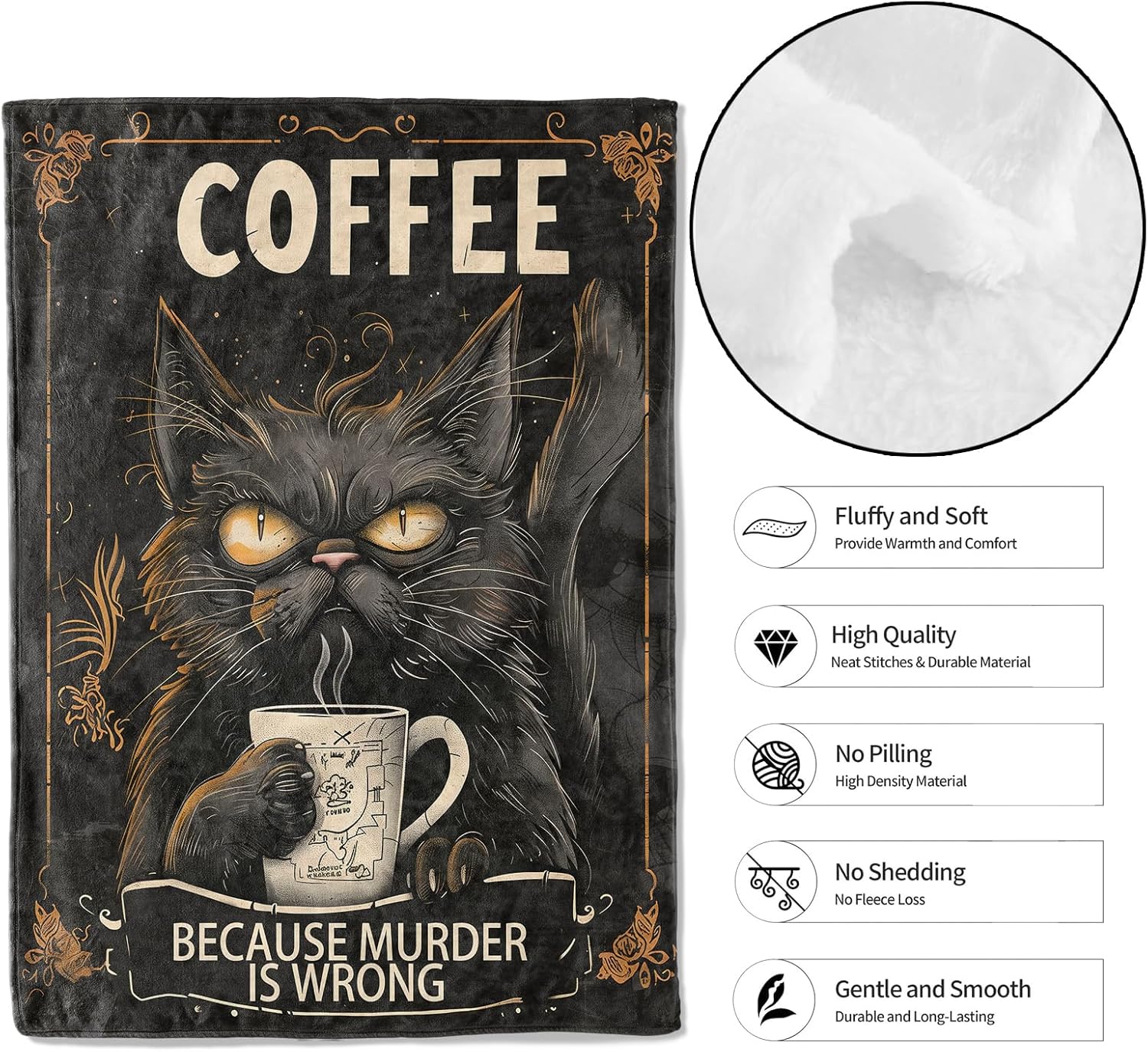 Funny Black Cat Coffee Throw Blanket, 50x60in, Soft, Lightweight Flannel,Grumpy Gothic Cat with Mug and Sarcastic Quote Blankets, Gifts for Adults, for Halloween Office Home Living Room Decor - Image 2