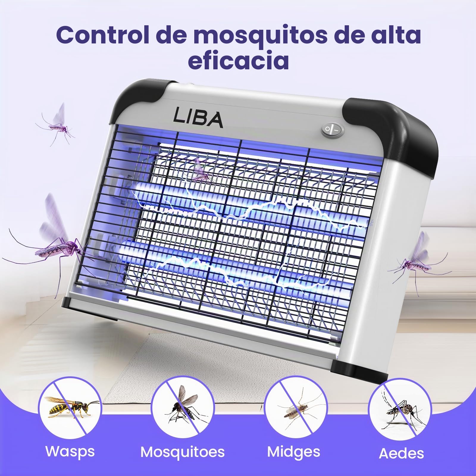 Liba Mata Mosquitos Electrico, 20W Lámpara Mata Insectos Electrico - Matamoscas, Polillas y Avispas Para Interiores, Lámpara UV Repelente de Mosquitos Incluye 2 Bombillas de Repuesto y Bandeja Lavable
