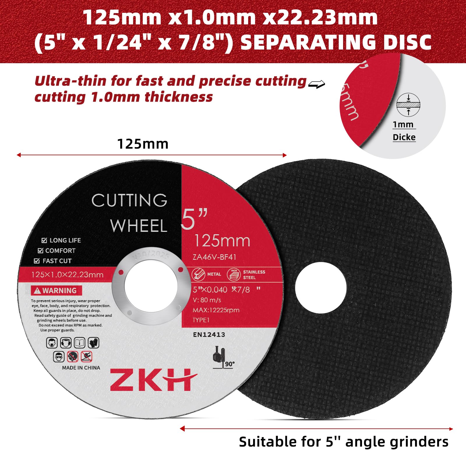 ZKH Rotelle da taglio da 12,7 cm, confezione da 50 dischi da taglio sottili in metallo e acciaio inossidabile/inox, disco da taglio in metallo resistente e durevole per smerigliatrice angolare, 12,7 x