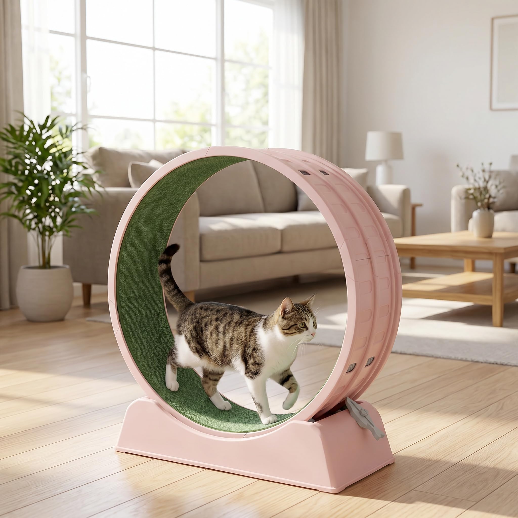 Trygoal 31.5" Cat Exercise Wheel for Indoor Cats, Silent Cat Treadmill with Safety Lock, Running Wheel with Removable Scratch Pad & Teaser Toy for Cat Fitness and Play, Pink view 4