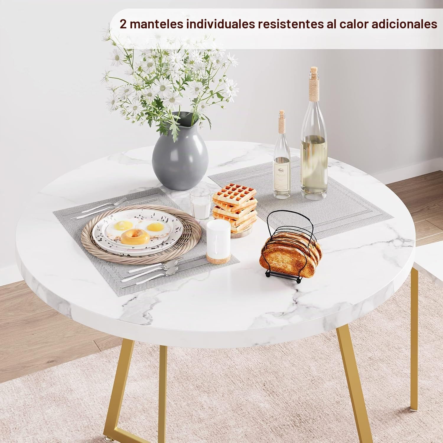 Garvee Mesa Comedor, Mesa de Comedor Redonda con Sillas, Estructura Principal Dorada y Superficie de Mármol Blanco, Ideal para Familia, Uso en Cocina y Salón Interior para Comidas Diarias