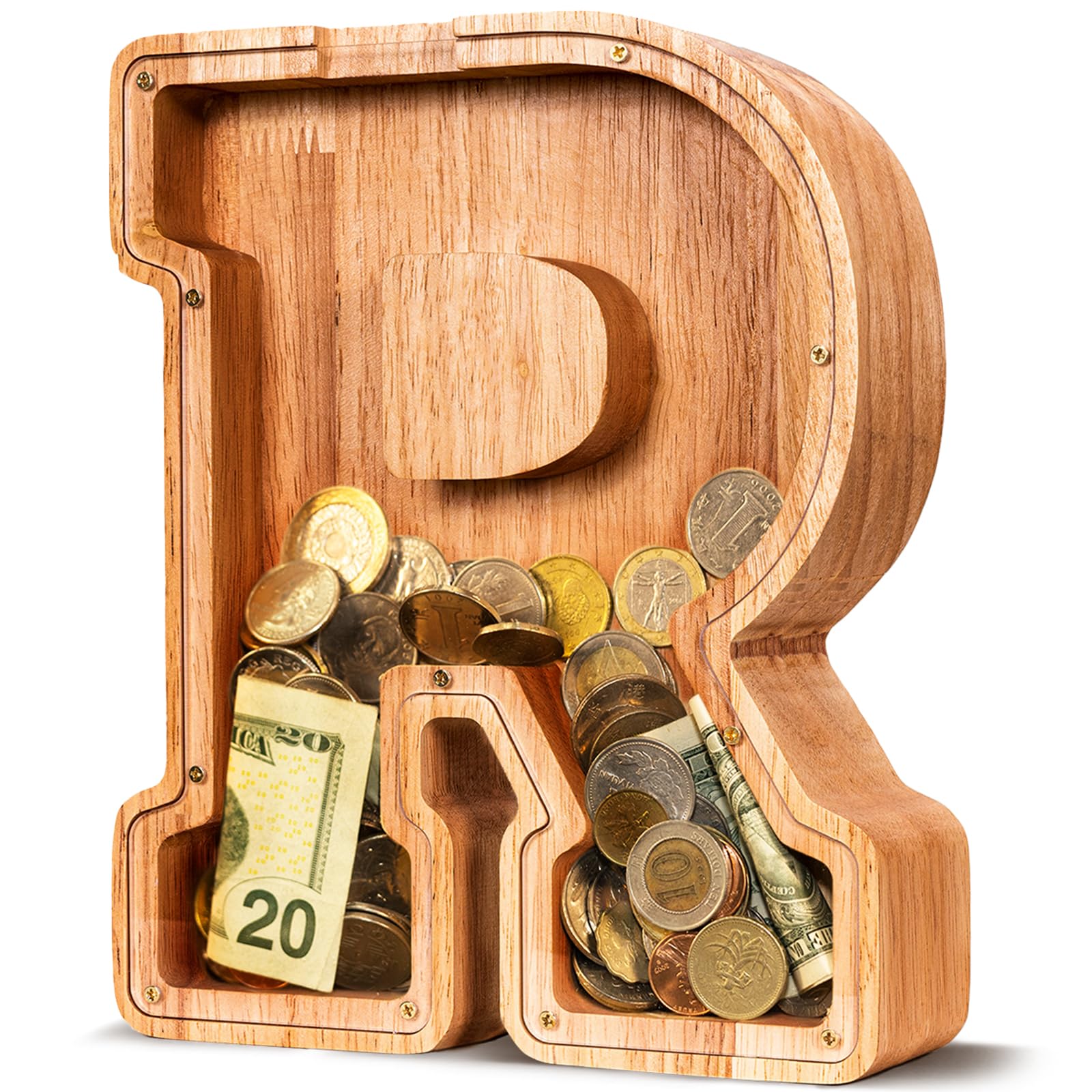 ELX Wooden Piggy Bank for Kids Boys, Personalized Letter Money Bank, Safe & Durable Savings Box for Toddlers Girls, Gifts for Birthday Holiday