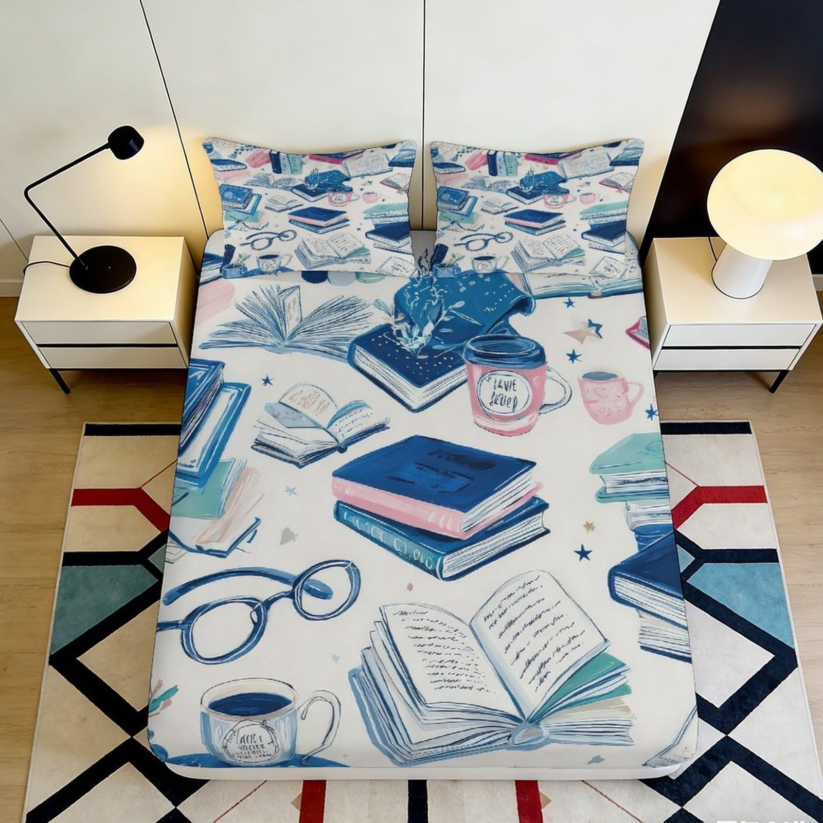 Uxinyoume Style-3 3D Printed Book Pattern Fitted Sheet Microfiber Soft Bedroom Decor Glasses Mug Mattress Cover For Home Dorm 90X200x25cm
